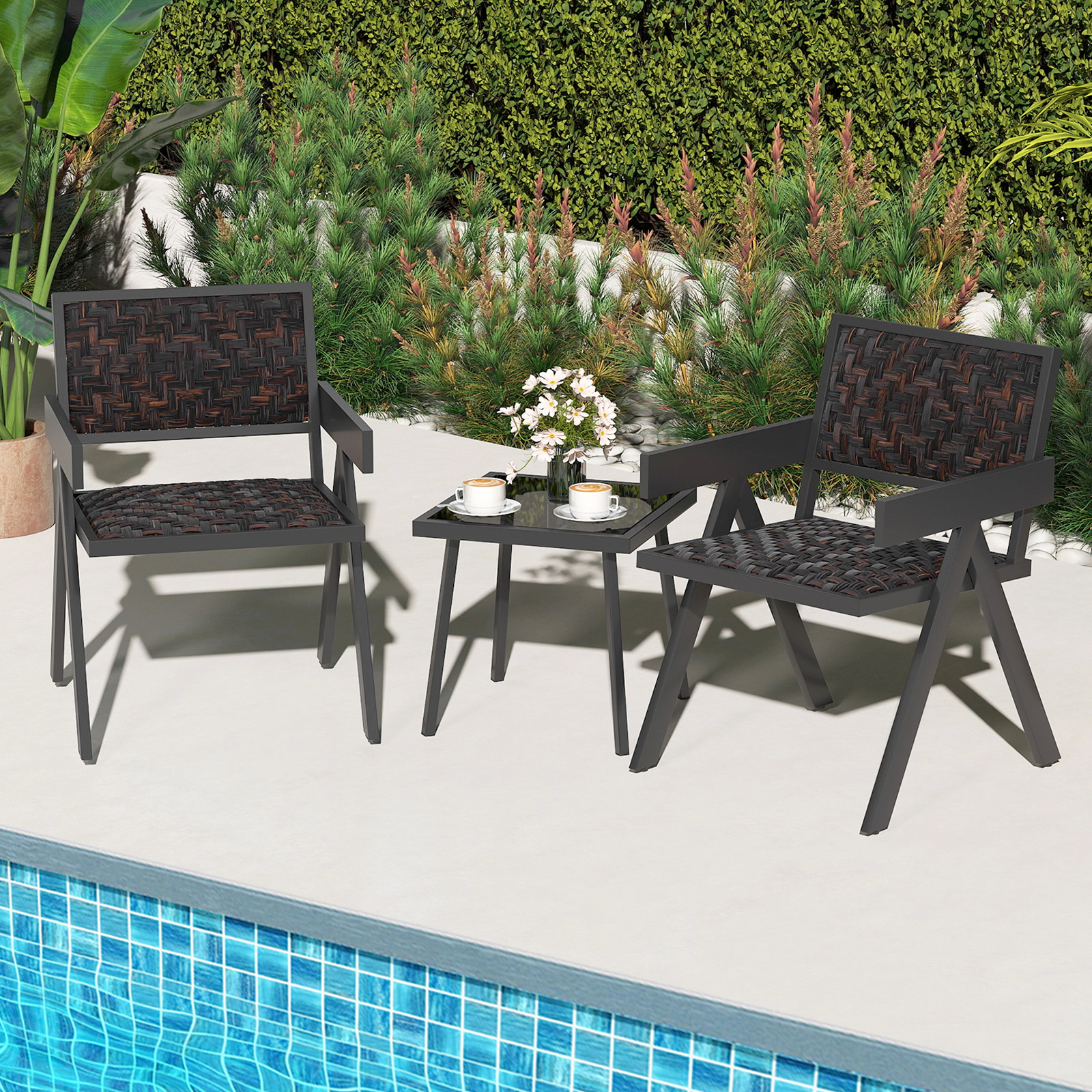 LJG 3 Pieces Patio PE Wicker Bistro Set with Quick-Drying Foam