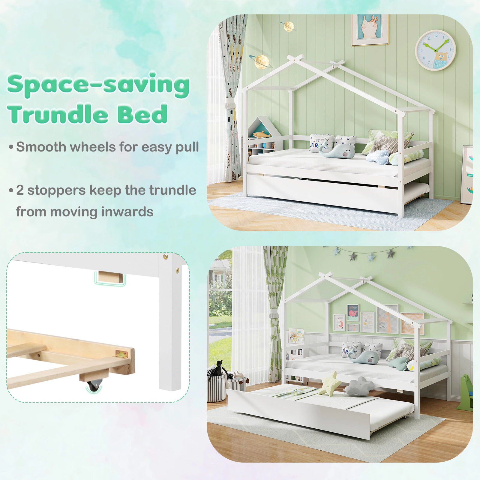SUGIFT Kids Twin House Bed White with Trundle Roof Frame and Guardrails