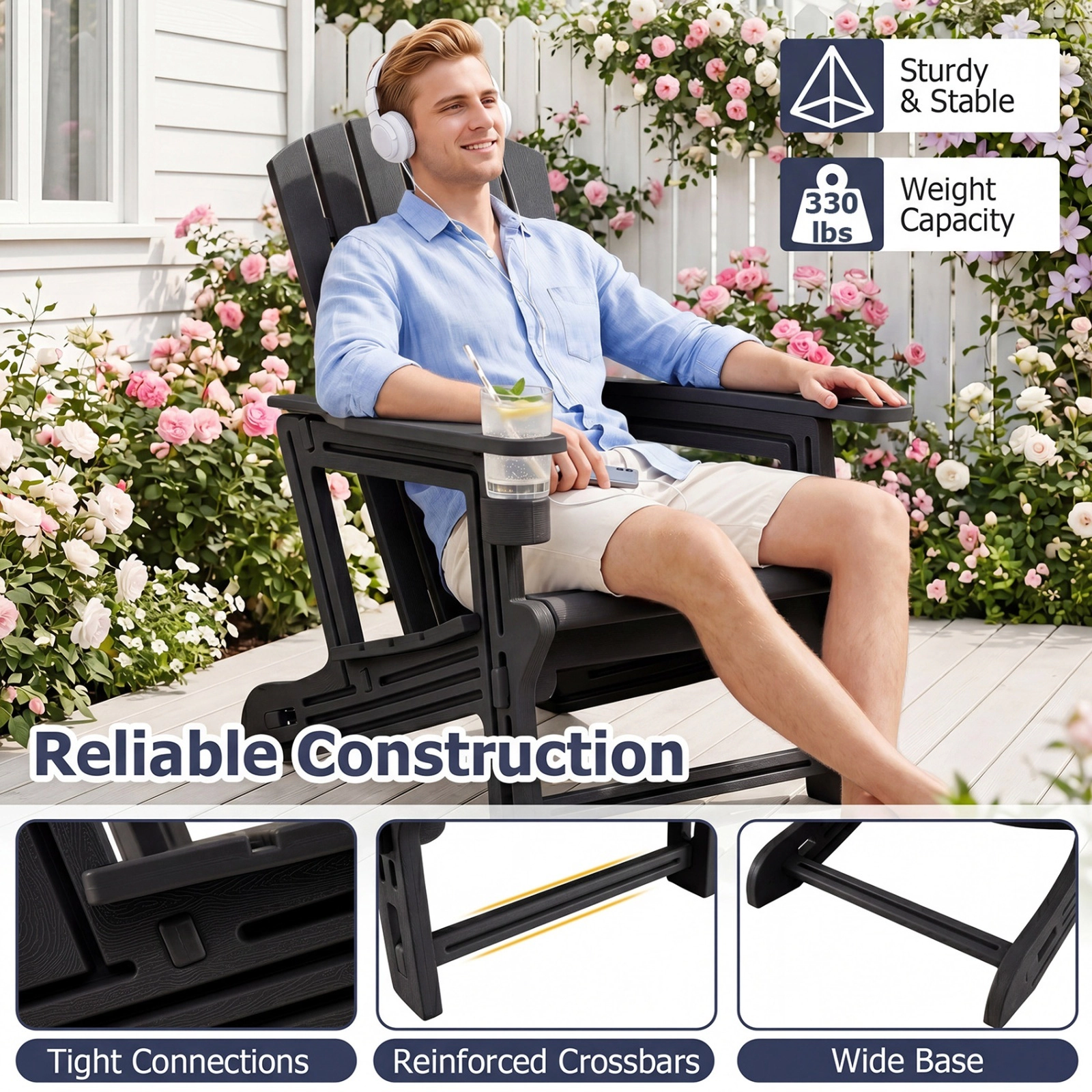 SUGIFT Black HDPE Adirondack Chair with Cup Holder, Tool-Free Assembly