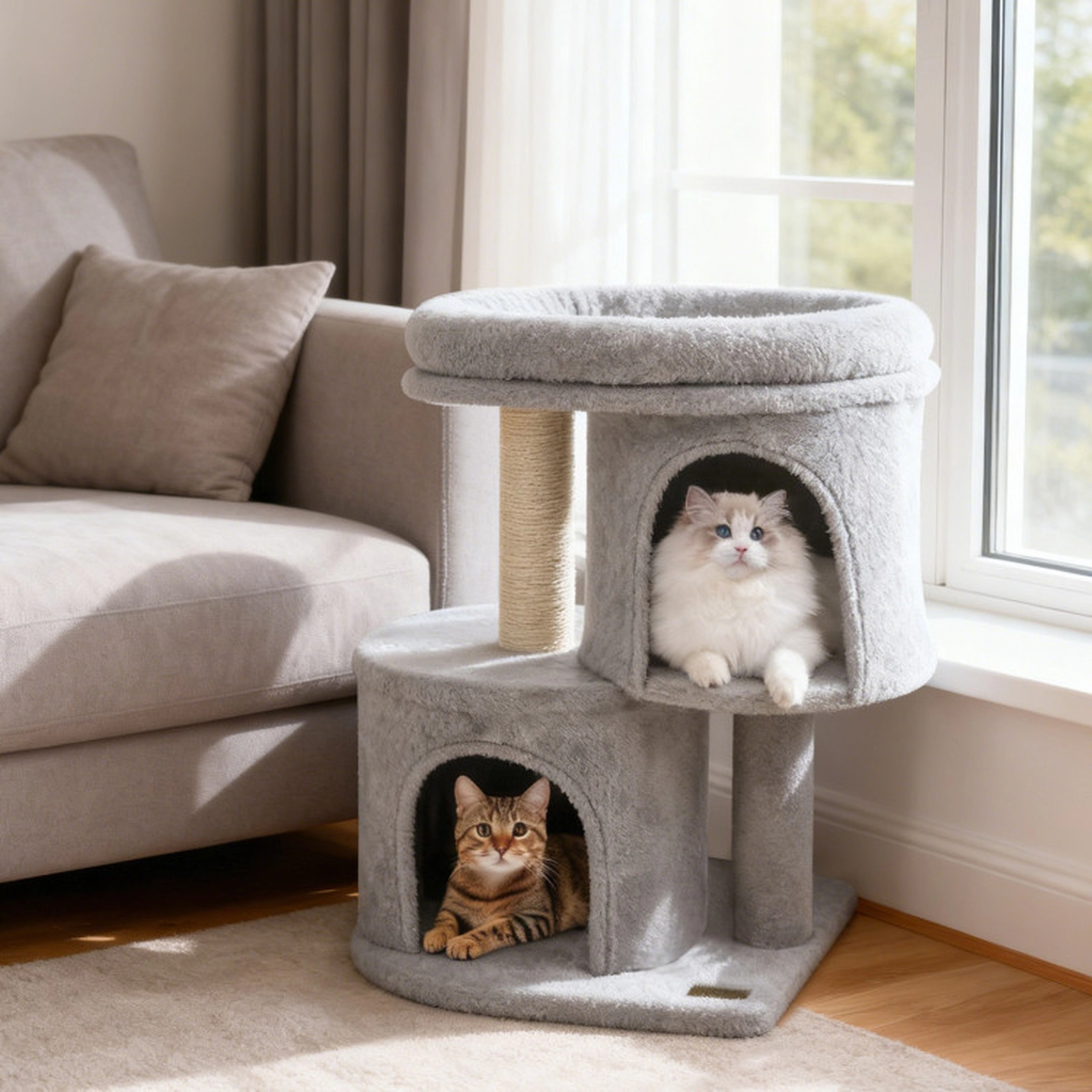 SUGIFT Multi-Level Cat Tree Tower with Large Padded Plush Perch Dual Condos 29-lb Capacity Light Gray 26-in Tall