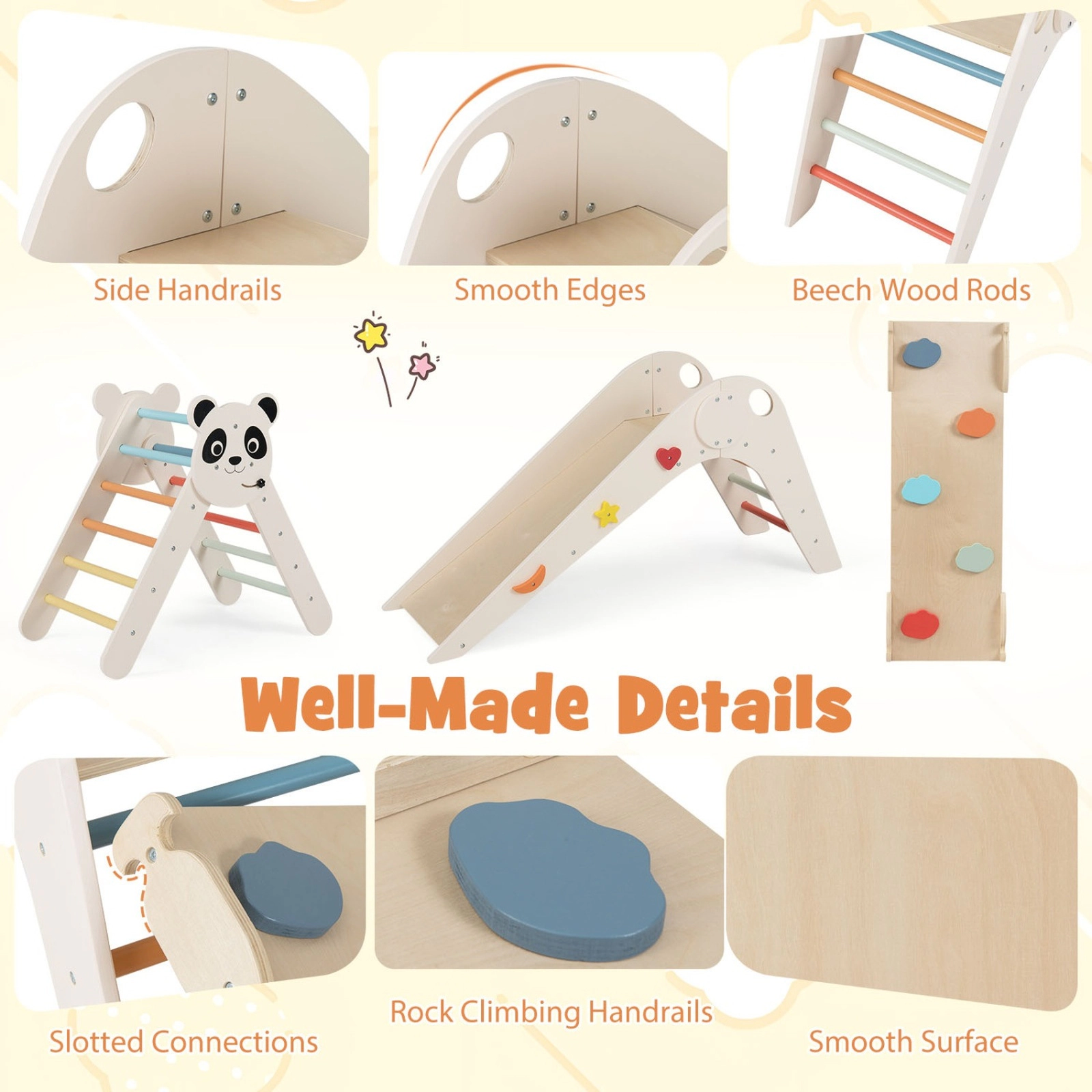 SUGIFT Foldable Montessori Triangle Climbing Set with Slide and Bridge 110-lb Capacity Ages 3+ White/Beige/Natural