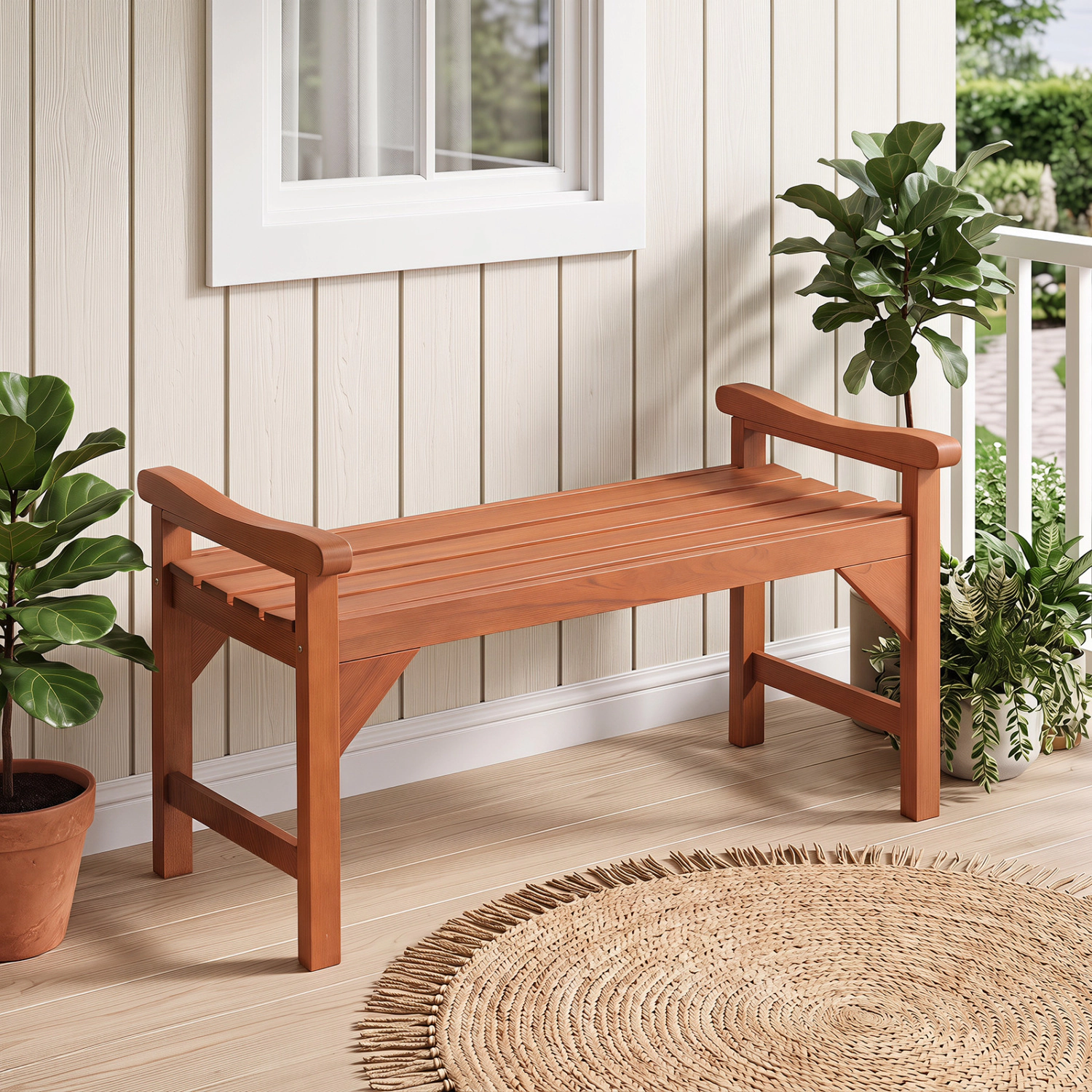 LJG Solid Wood Backless Garden Bench with Support Handles and Curved Slatted Seat for Deck