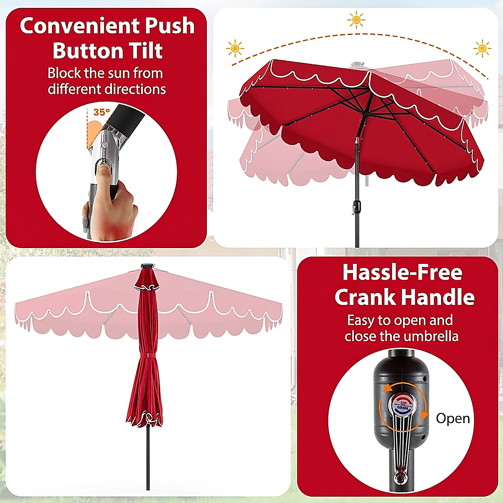 SUGIFT 10-ft Red Solar Patio Umbrella with 24 LED Lights Air Vent Crank Lift and 8 Wind-Resistant Metal Ribs