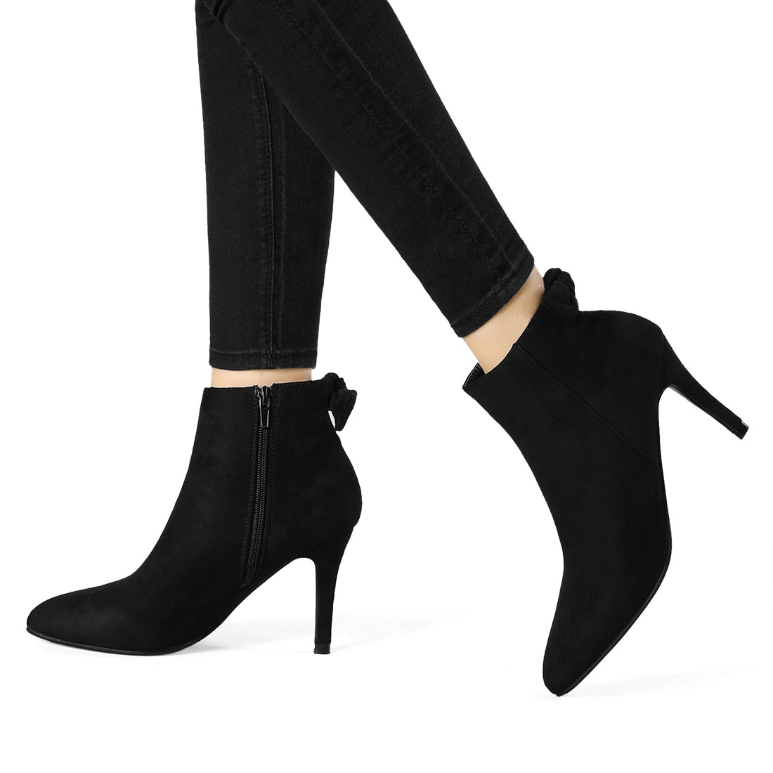 BLISSFUL STEP Women Suede Pointed Toe Stiletto Heel Side Zip Ankle Boots