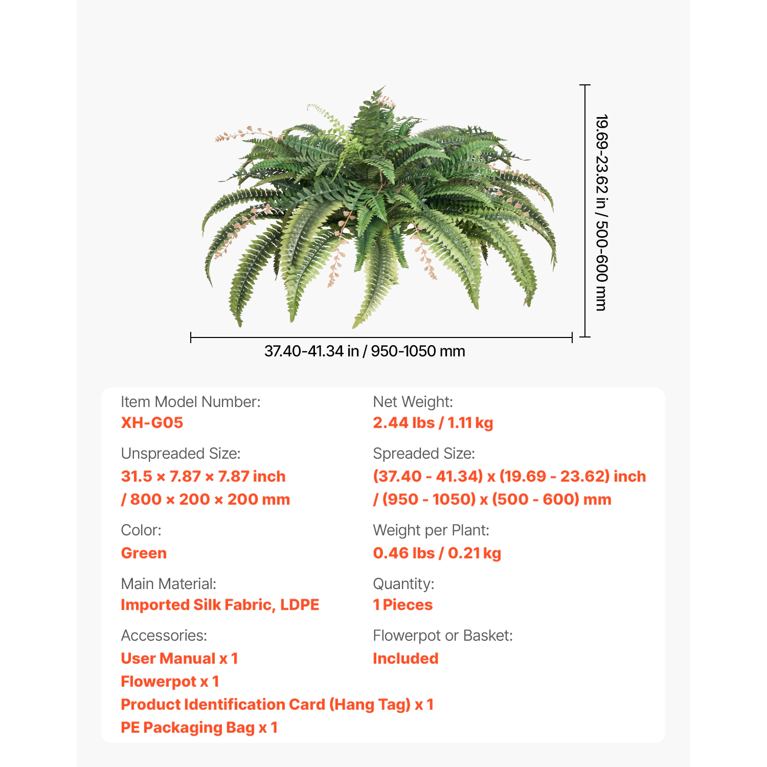 HONGGE Artificial Ferns, Natural Spread Diameter, Large Hanging Boston Ferns, Fake Plant Wall Decor with Branches