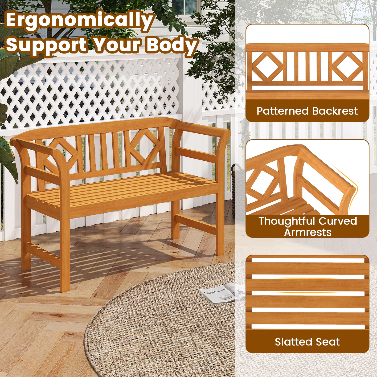 SUGIFT 47-Inch Natural Acacia Wood Outdoor Loveseat Bench, 2-Seater with Geometric Backrest