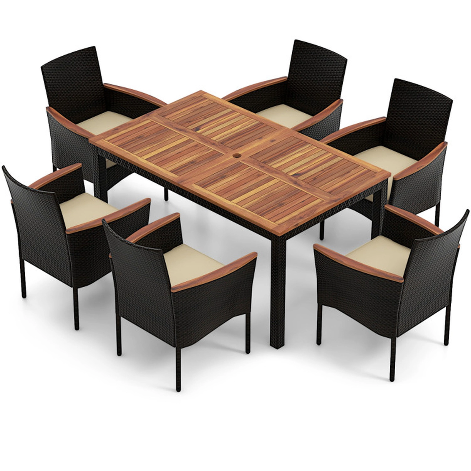 SUGIFT Brown 6 Stackable Chairs and Umbrella Hole 7-Piece Rattan Patio Dining Set