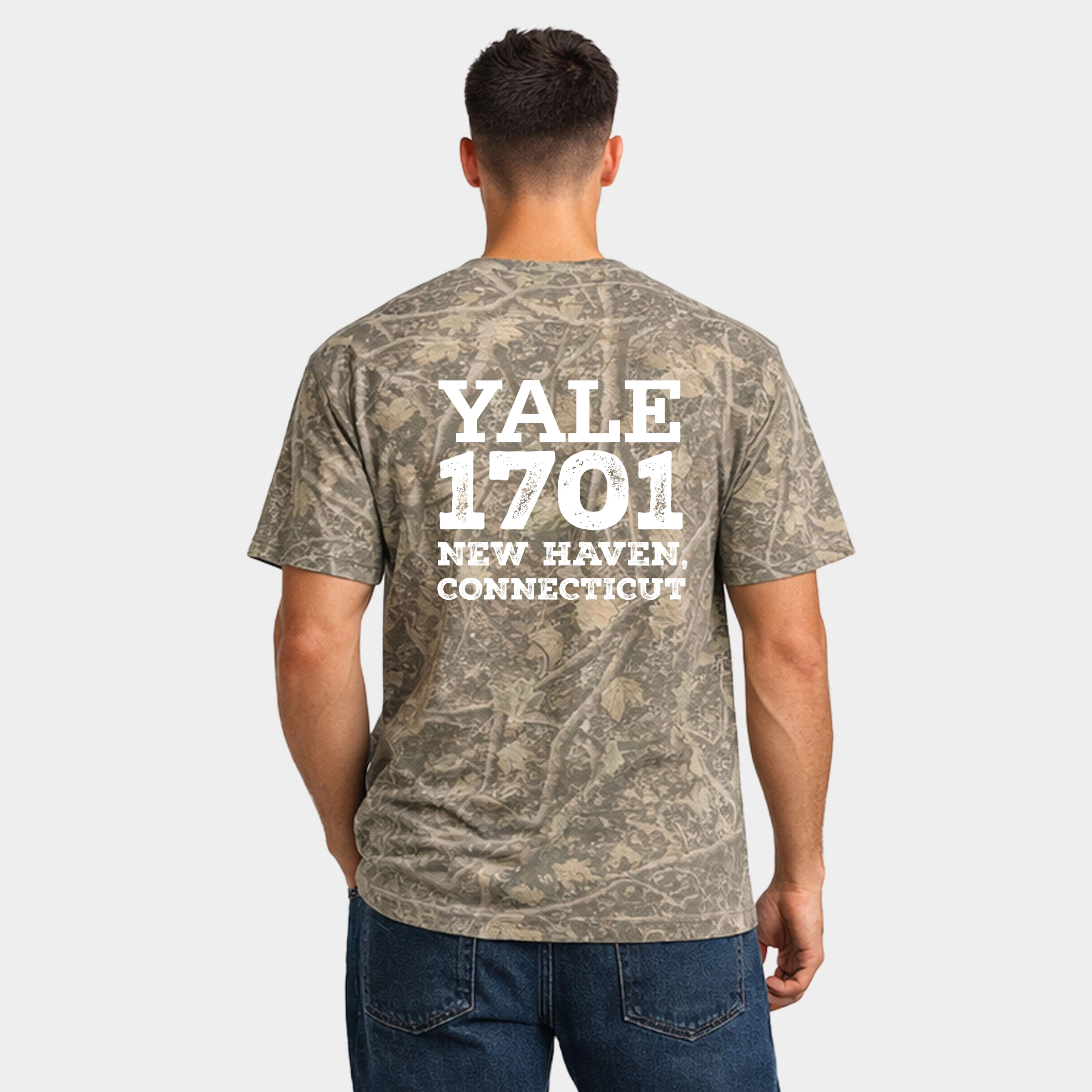 Simply Sage Market - Men's Heavyweight Camo Tee Yale 1701 New Haven Distressed Front and Back
