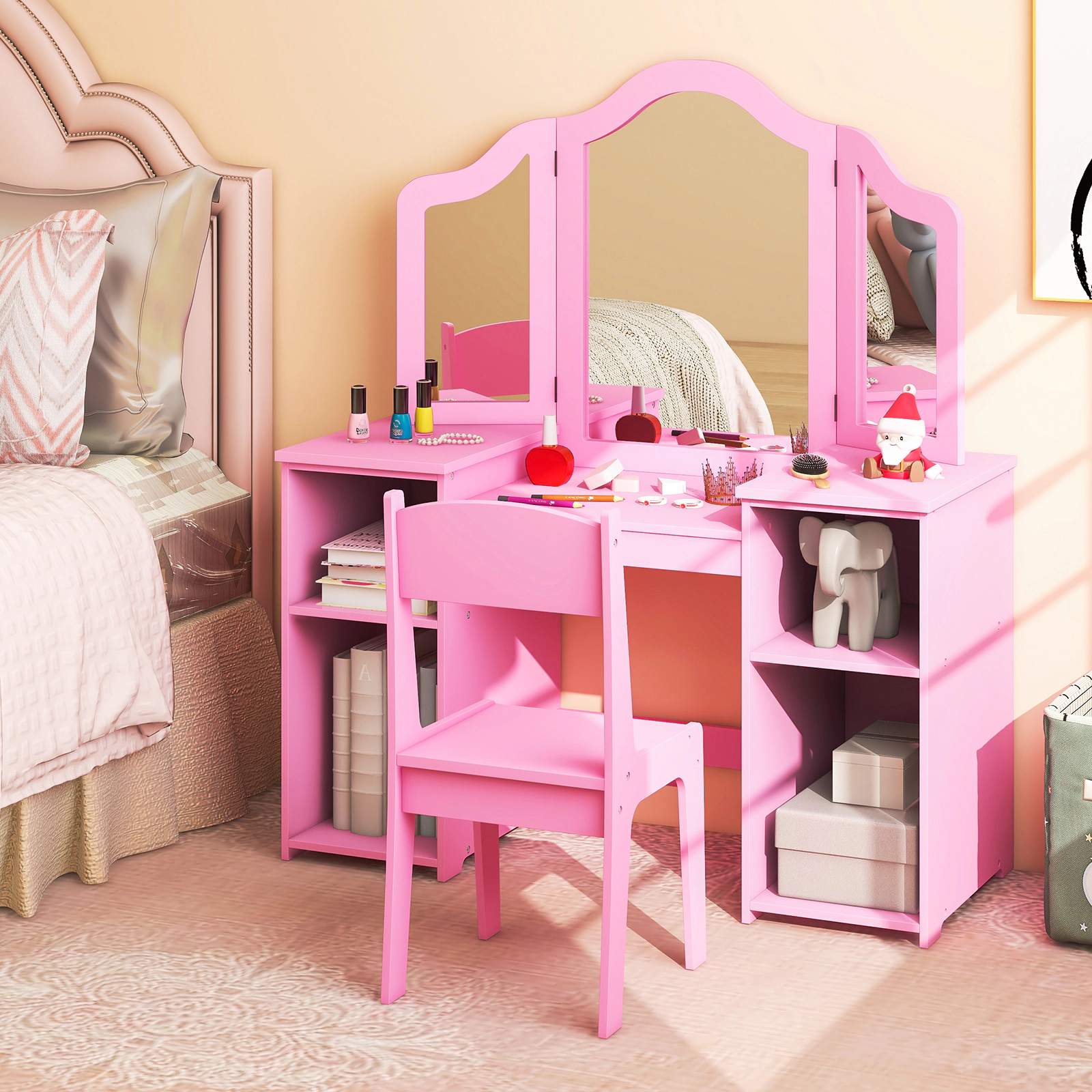 SUGIFT Removable Tri-Folding Mirror and 4 Cubbies Kids Vanity Table Chair Set