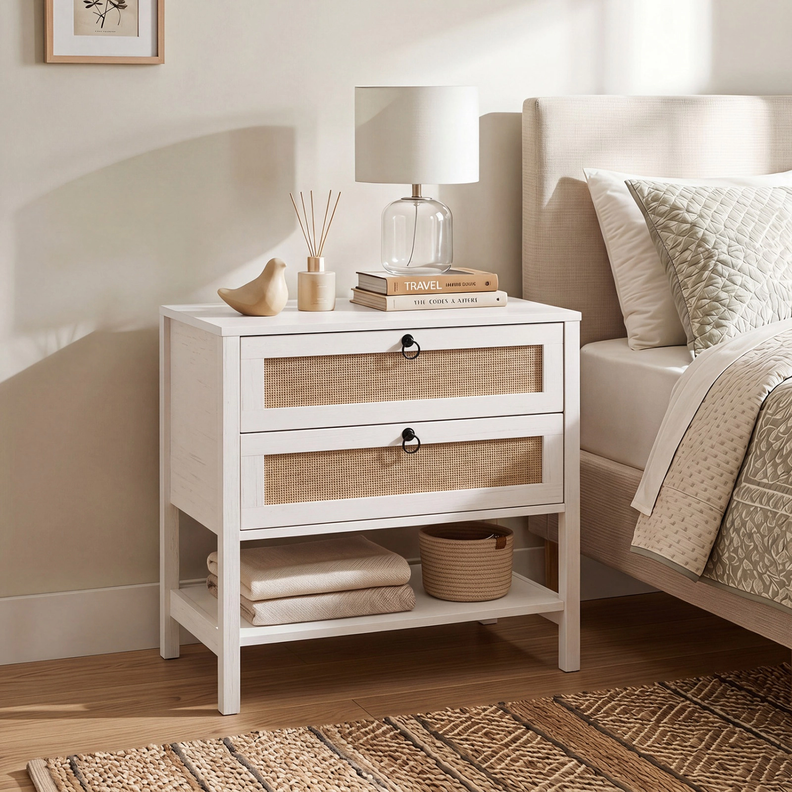 SUGIFT Whitewashed Oak 2 Drawers and Bottom Open Shelf 27 Inch Boho Rattan Nightstand