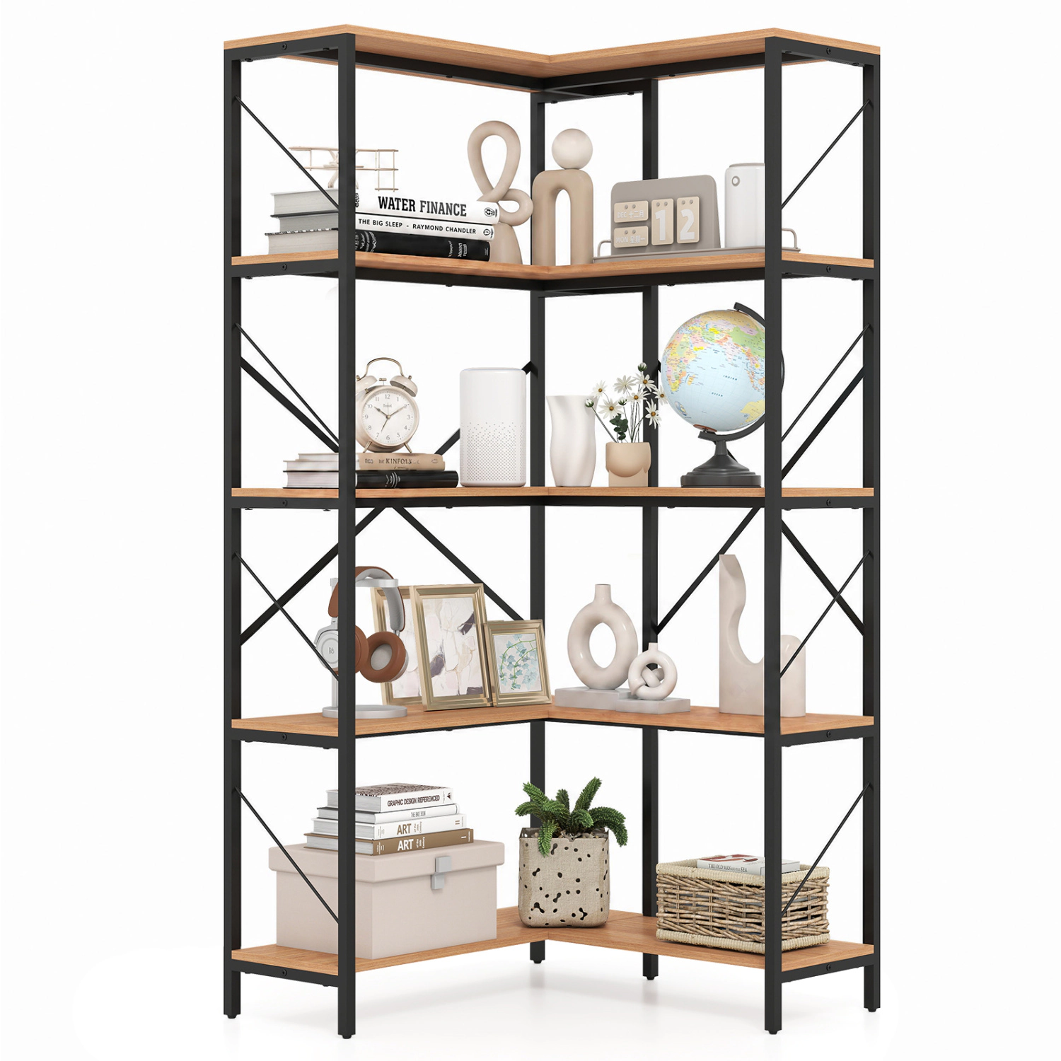 LJG 66" Tall 5-Tier L-Shaped Bookcase with Metal Frame for Living Room