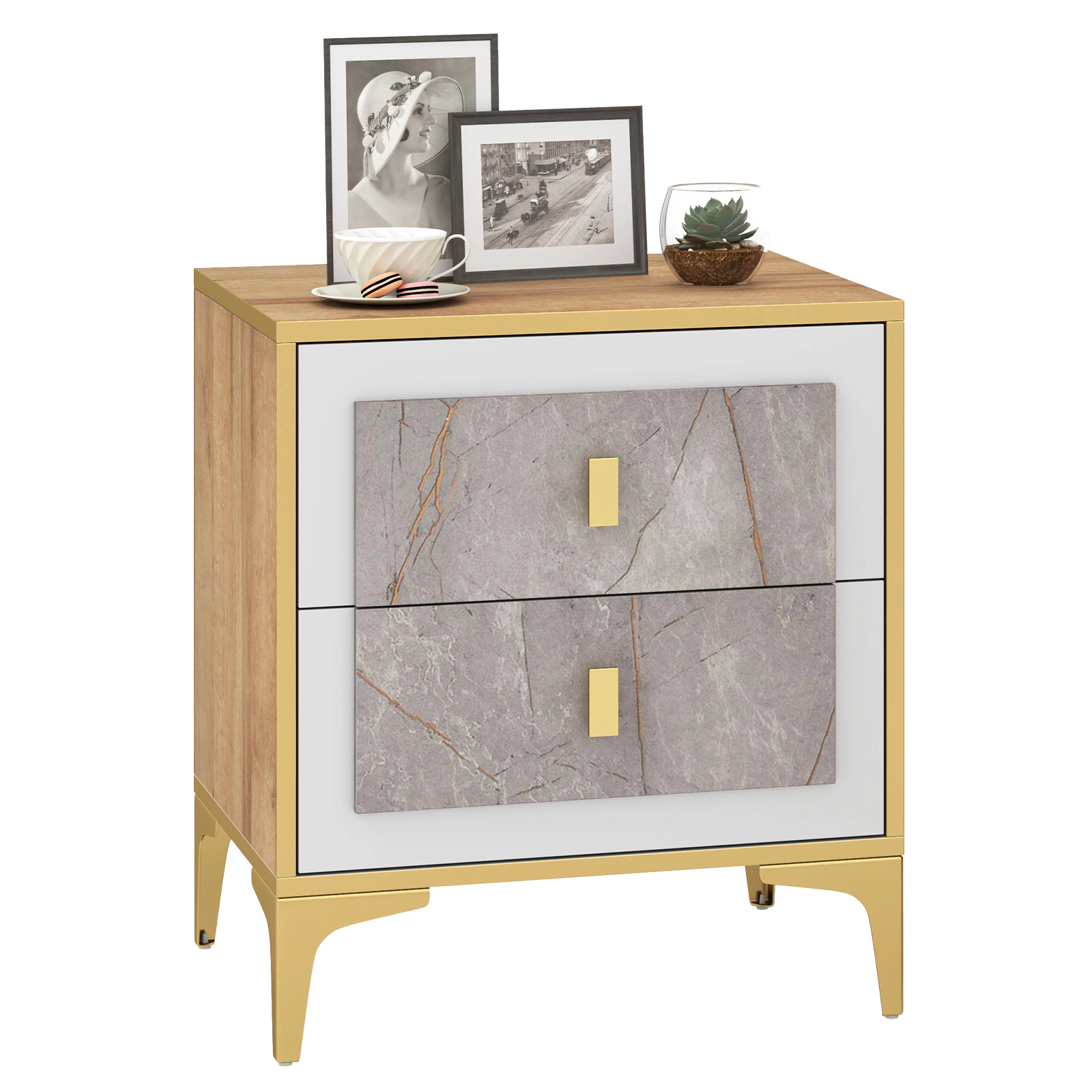 Glintex Marble-Motif Nightstand with 2 Pull-Out Drawers and Powder-Coated Metal Legs, Natural