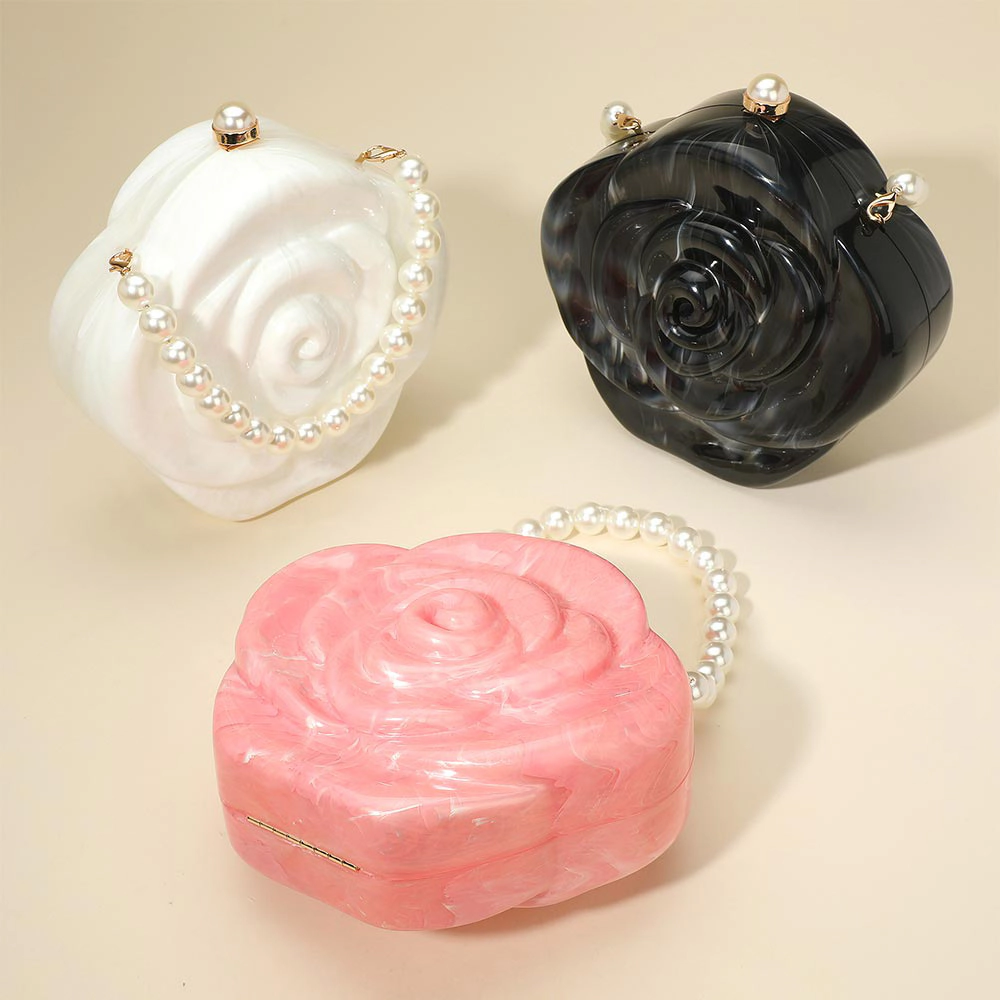 FASHNZFAB Pearl Beaded Handle Rose Clutch Bag Crossbody Bag