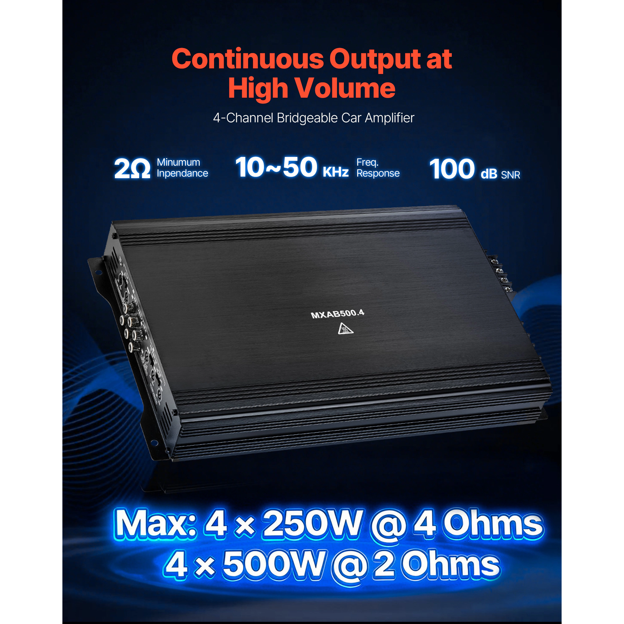 HONGGE 4 Channel Car Audio Amplifier 2 Ohm Stable Bridgeable Class Full Range Amp Max Power @ / for