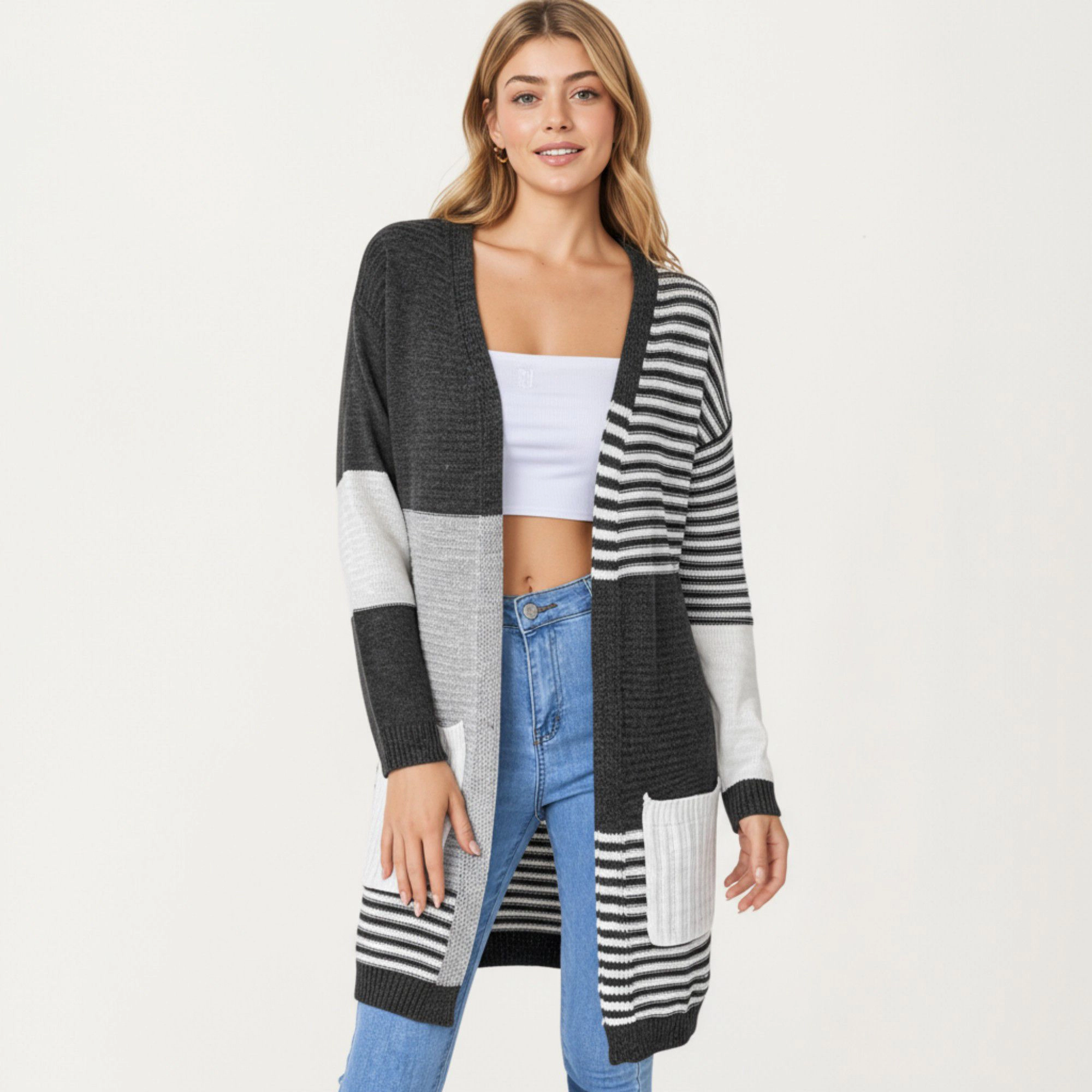Anna-Kaci Women's Long Sleeve Color Block Striped Knit Cardigan with Front Pockets