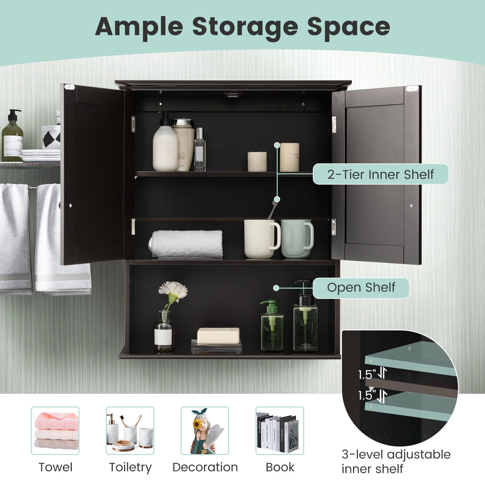 SUGIFT 3-Tier Wall Mount 2-Door Beadboard Bathroom Storage Cabinet 23.5-in x 8-in x 28-in 11-lb per Shelf Espresso
