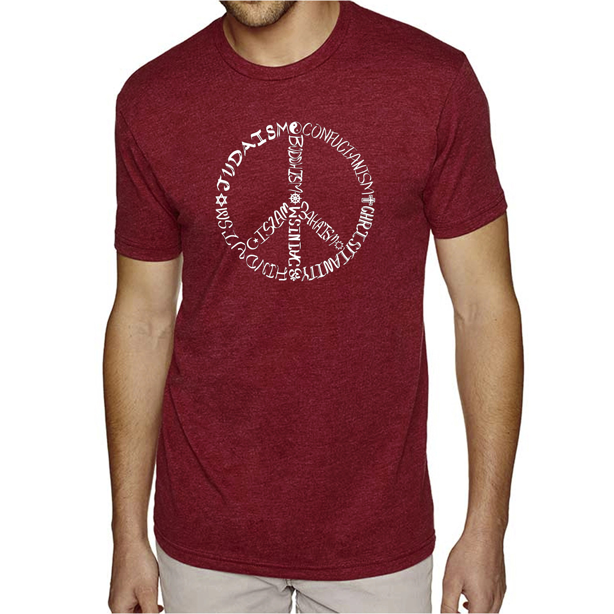 LA Pop Art Men's Cotton/Poly Blend Word Art T-Shirt - Different Faiths Peace Sign
