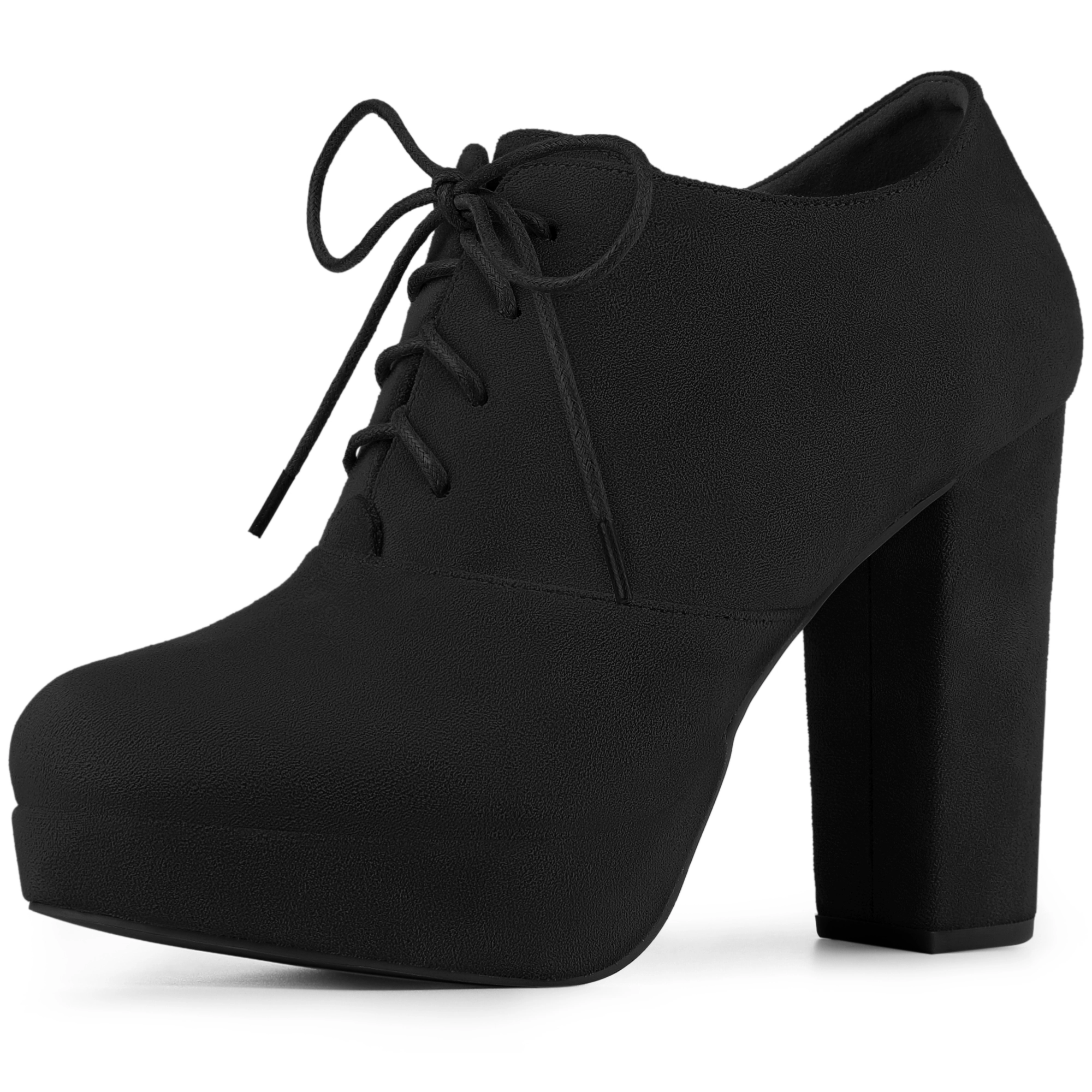 BLISSFUL STEP Women Faux Suede Lace Up Platform Chunky Heel Ankle Booties