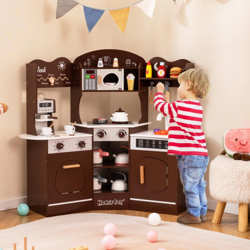 Hivvago Corner Wooden Play Kitchen with Coffee Machine and Slide for Kids