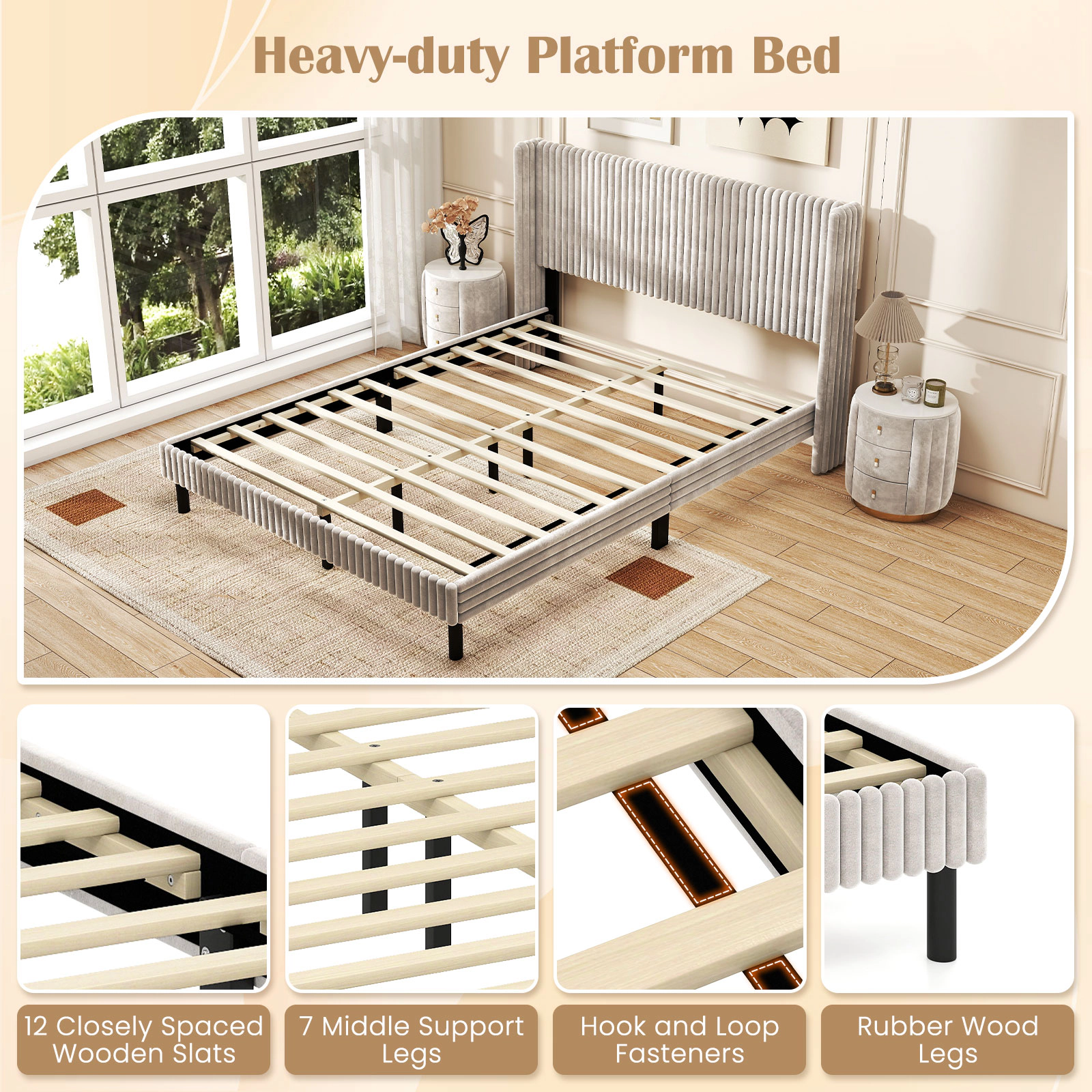 LJG Queen Size Velvet Bed Frame with Vertical Channel Tufted Wingback Headboard