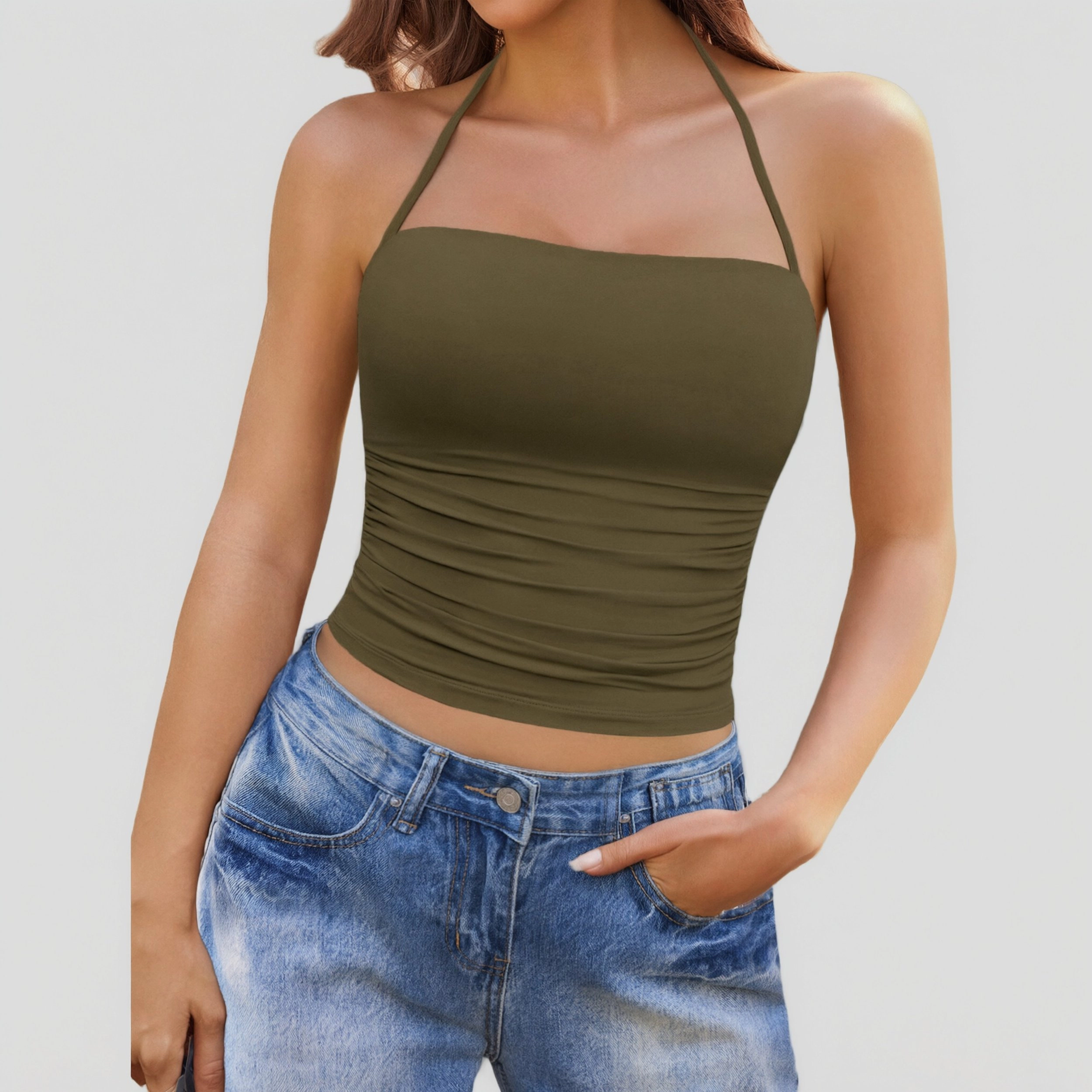 Avidlove Women's Halter Double Lined Ruched Crop Tank Top