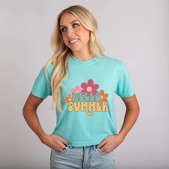 Simply Sage Market - Hello Summer Flowers - Women's Boxy Crop Top Graphic T-Shirt
