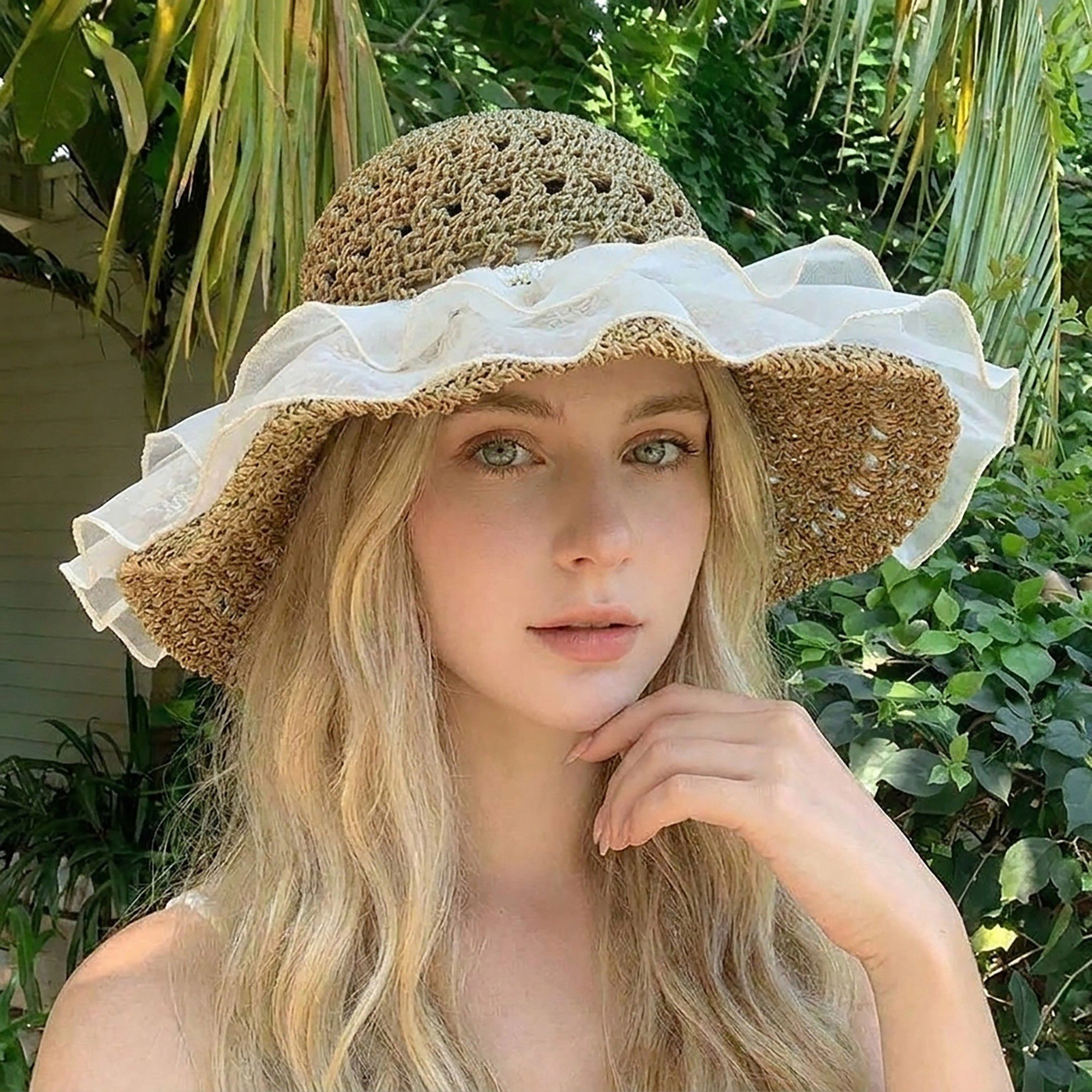Anna-Kaci Women's Crochet Sun Hat with Sheer Ruffle Wide Brim and Pearl Trim Detail