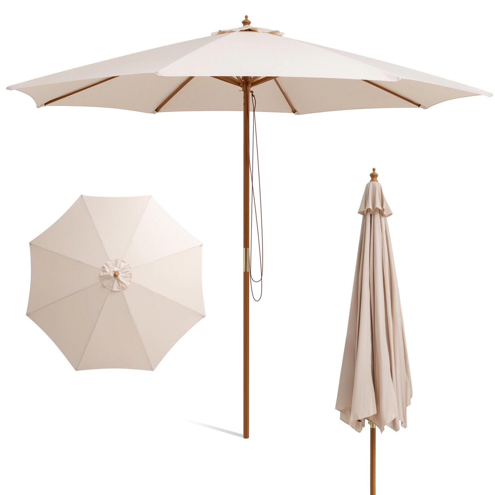 SlickBlue 10 Ft Patio Umbrella with Rope Pulley, Beige, Vented Canopy