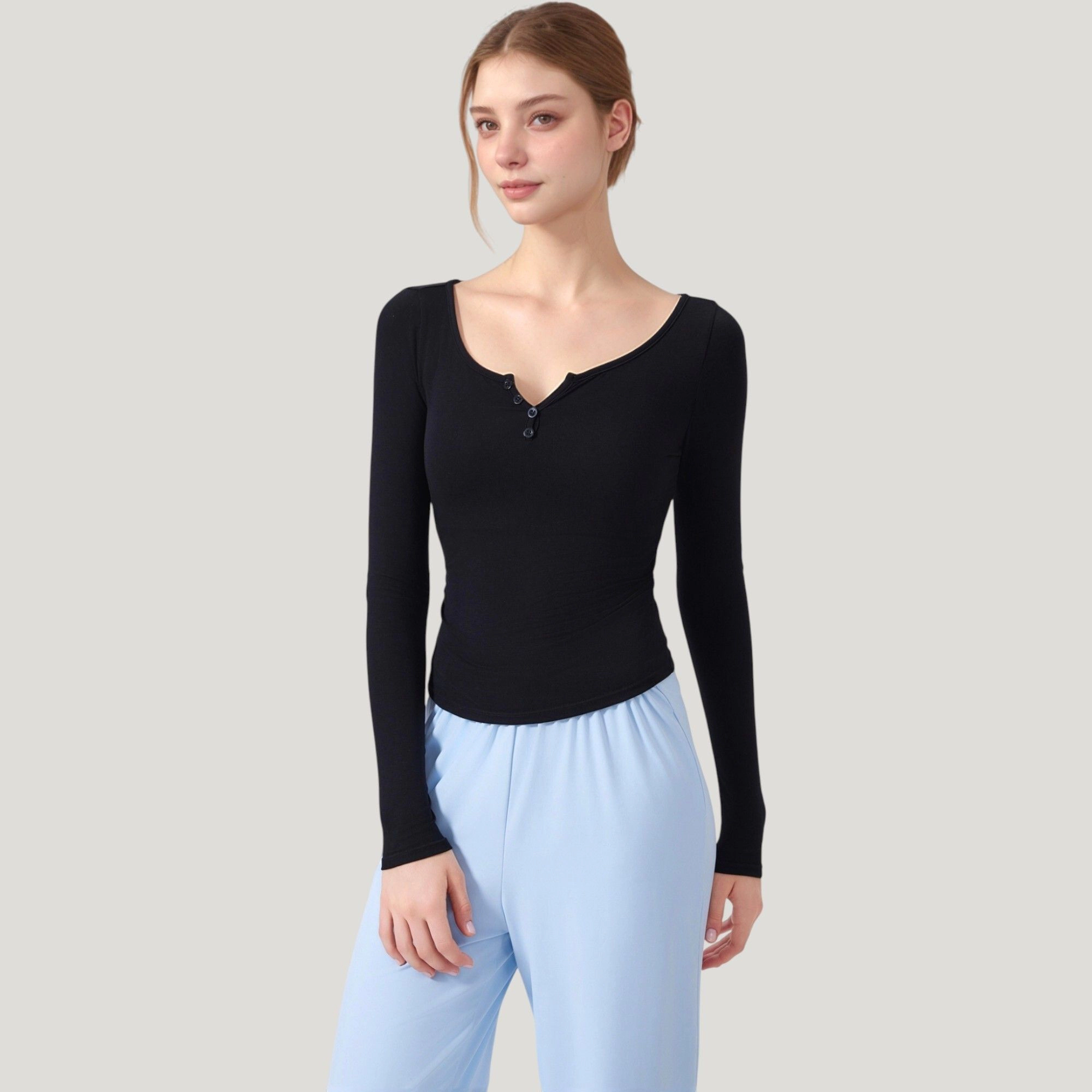 Anna-Kaci Women's Long Sleeve Henley Activewear Top with Scoop Neckline and Streamlined Fitted Silhouette