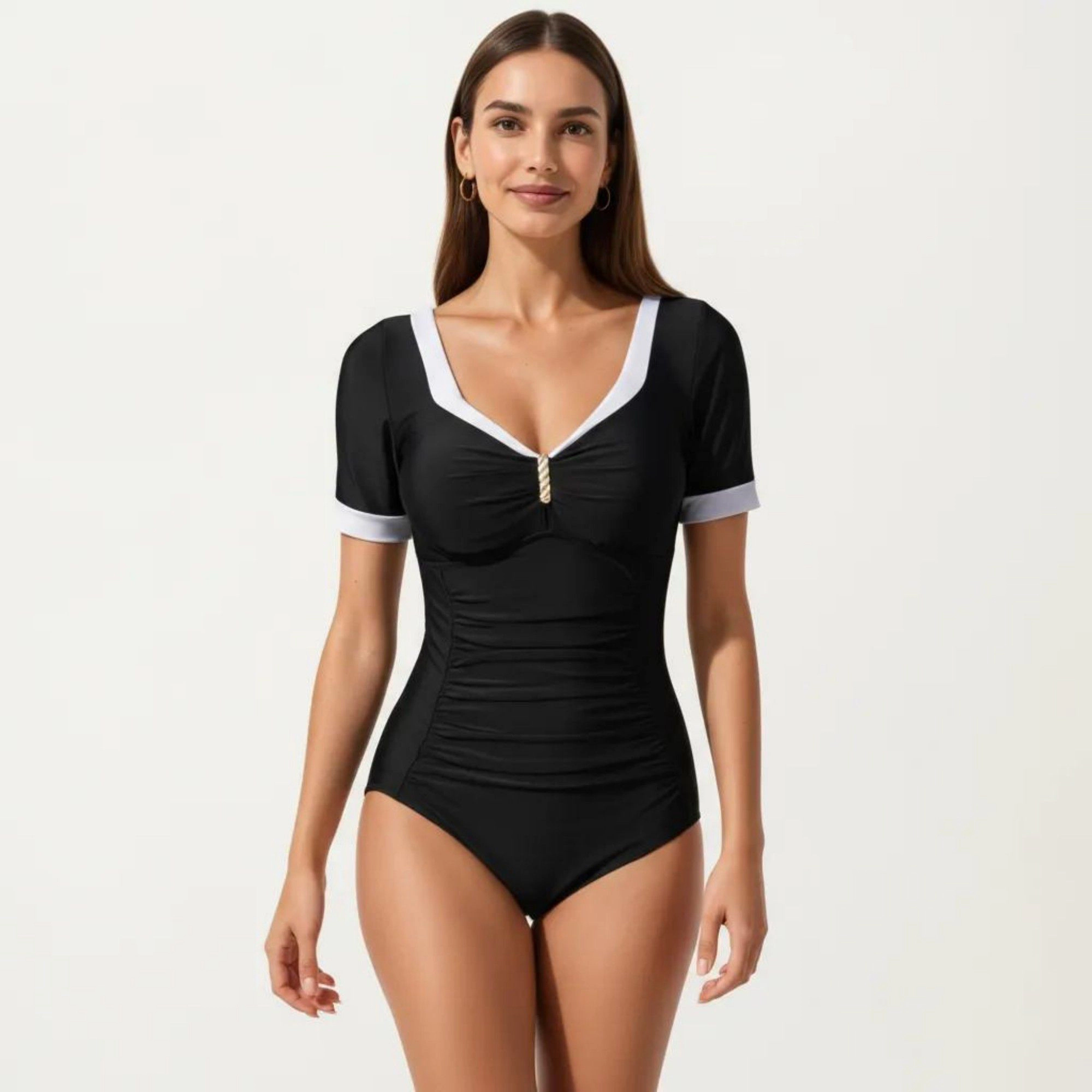 Anna-Kaci Women One Piece Swimsuit - Short Sleeve V-Neck with Contrast Trim and Ruched Waist