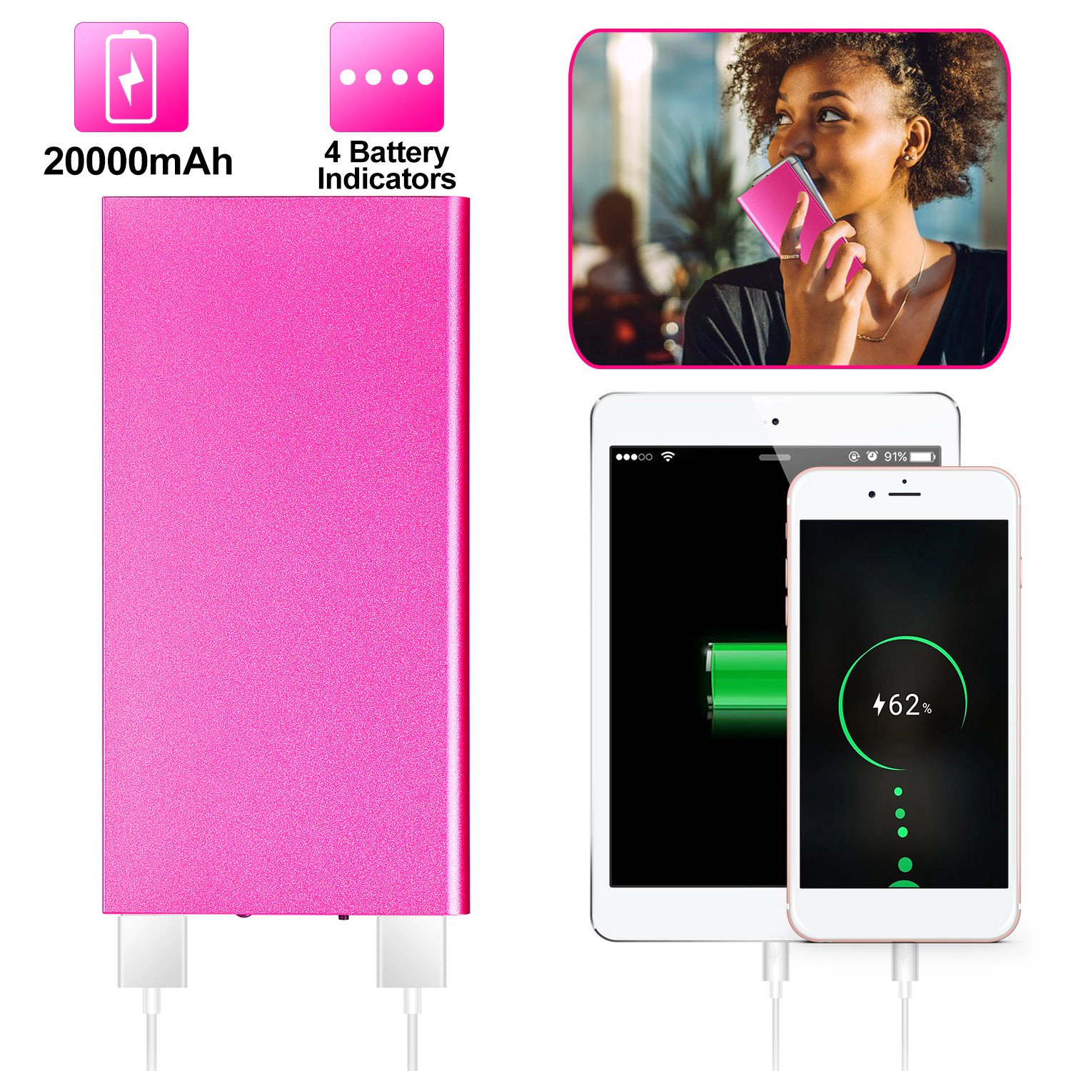 GBruno 20000mAh Dual-Port Power Bank With LED Light