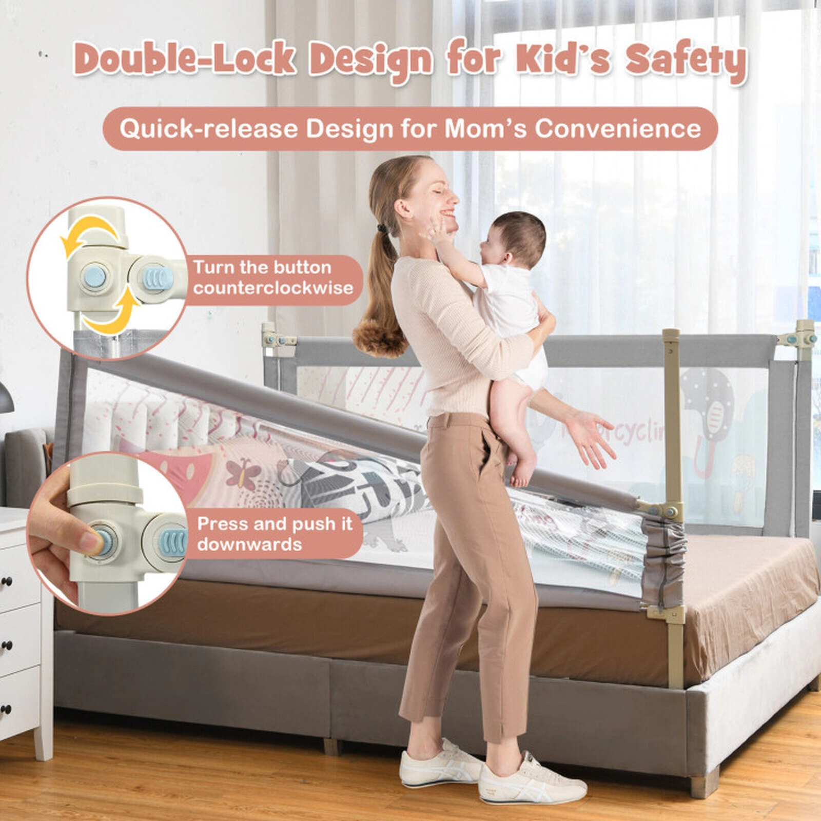 SUGIFT Toddler Vertical Lifting Double Lock 24 Adjustable Heights Mesh Baby Bed Rail 77-in x 10-in x 40-in Gray