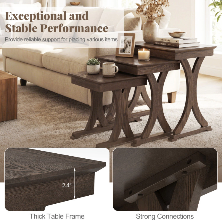 Hivvago 3 Pieces Nesting Coffee Table Side Table With Solid Rubber Wood Legs