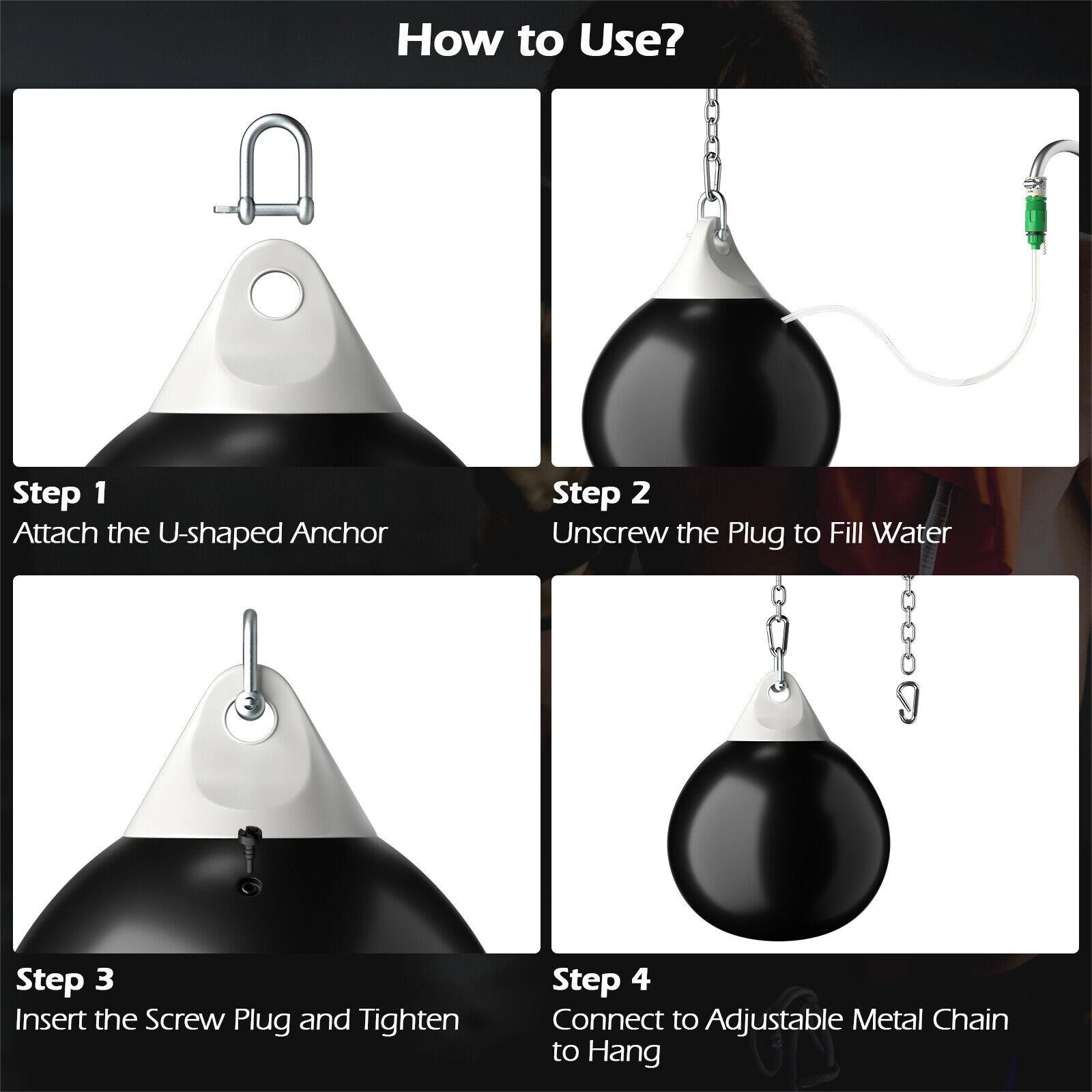 SUGIFT 18-in Heavy Punching Water Aqua Bag 110-lb Capacity with Adjustable 39-in Metal Hanging Chain Black