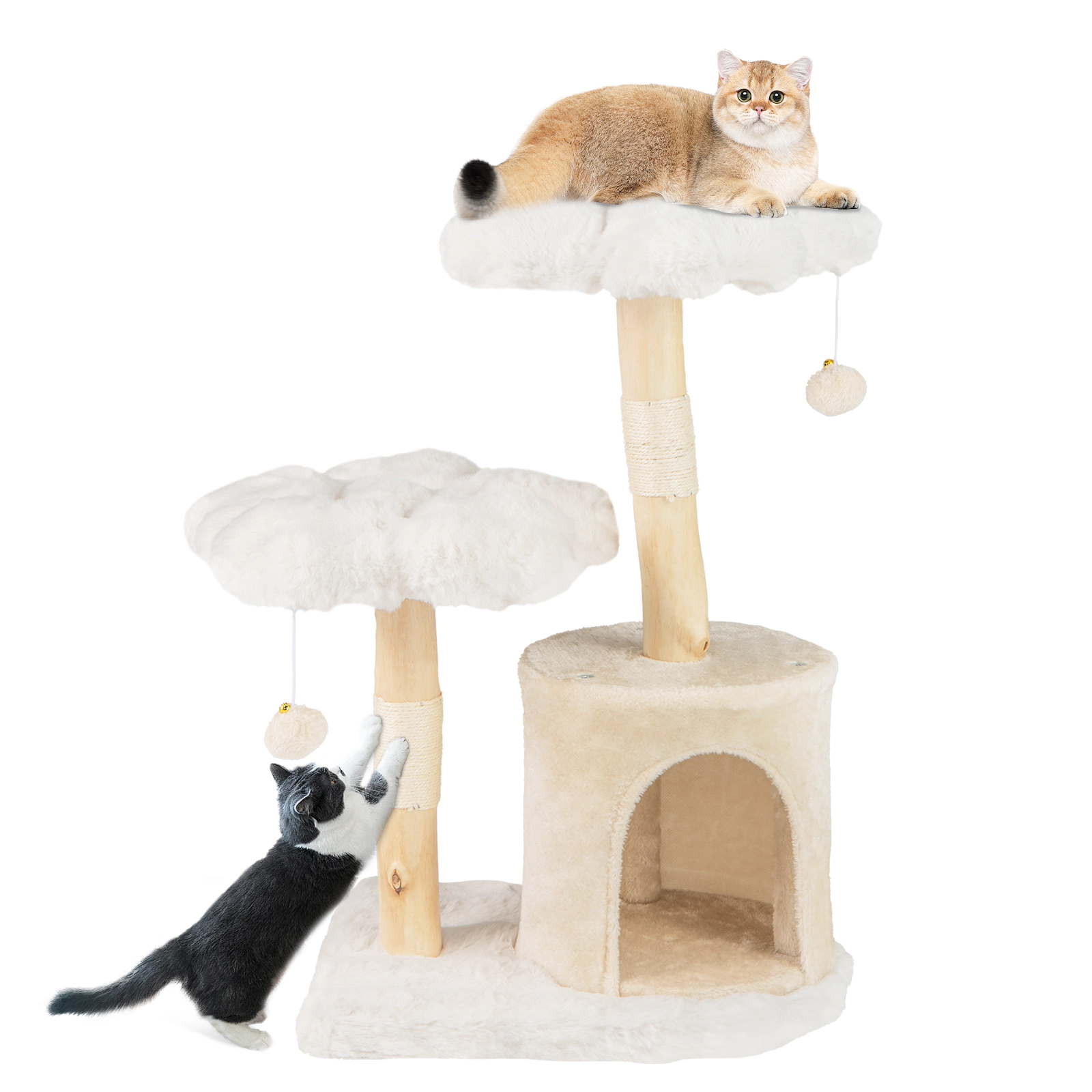 SUGIFT Beige Solid Wood Cat Tree with Natural Branch Posts and Flower Platforms