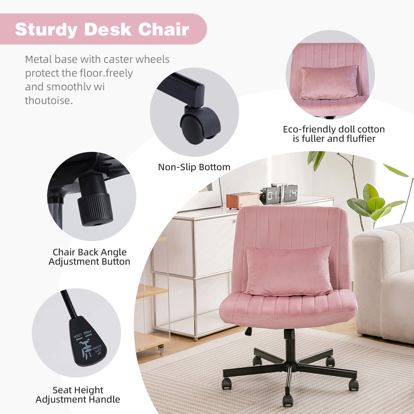 Platinum-Level Office Chairs Light Pink Velvet Swivel Office Chair with Cushioned Comfort
