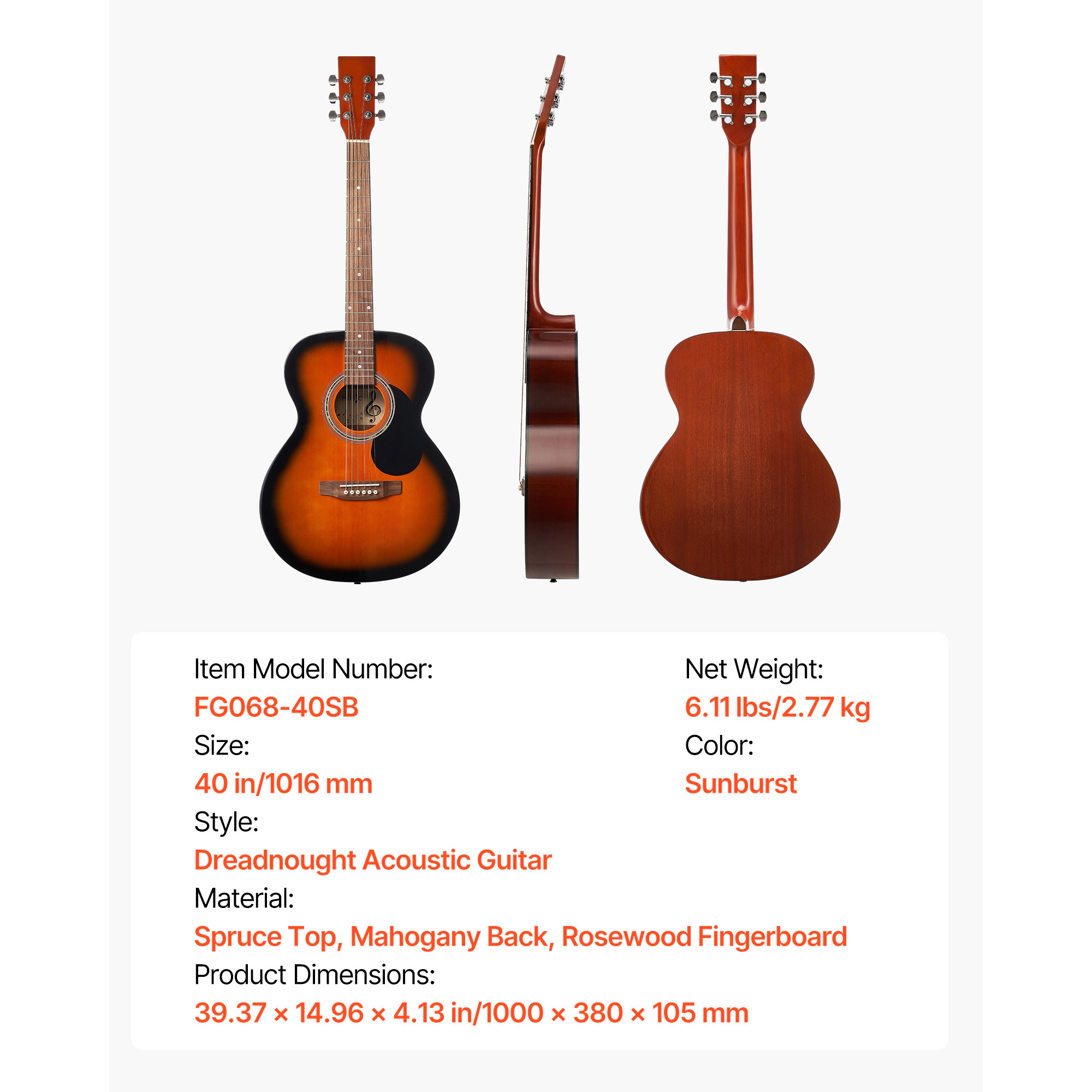 HONGGE Dreadnought Acoustic Guitar, 6-String Solid Top Guitar Bundle with Gig Bag, Tuner, Strap, Strings, Picks, Capo