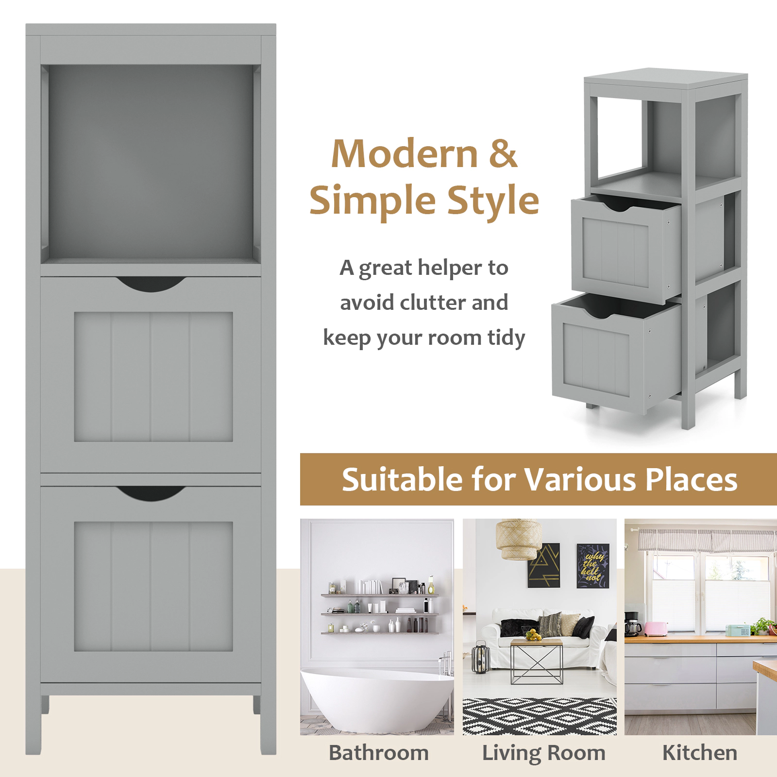 SlickBlue Bathroom Floor Cabinet with Drawers and Open Shelf