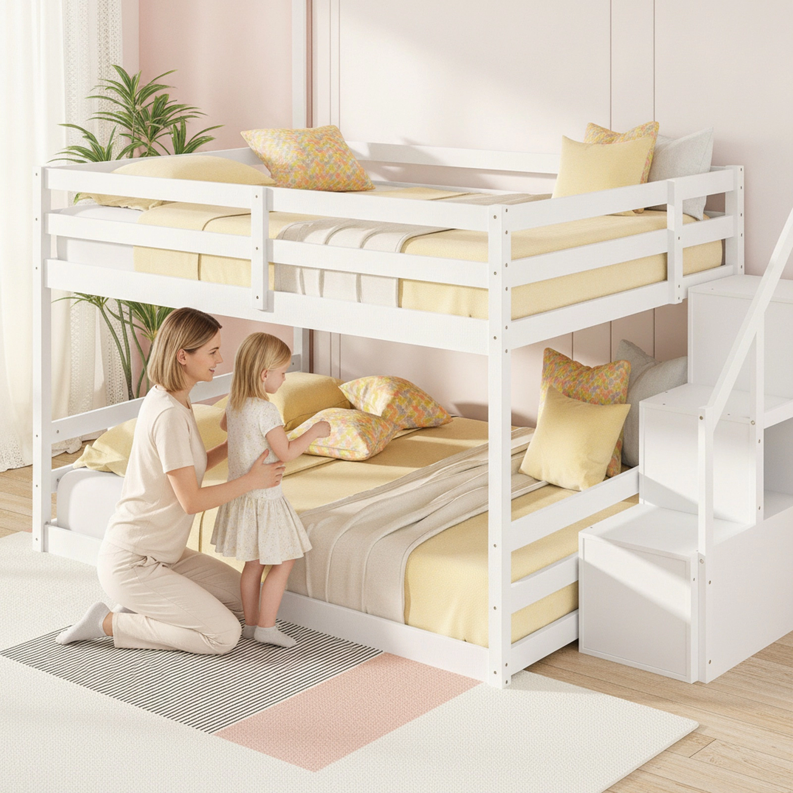 SUGIFT Full-Over-Full Low Bunk Bed with Storage Stairs, Handrails, White