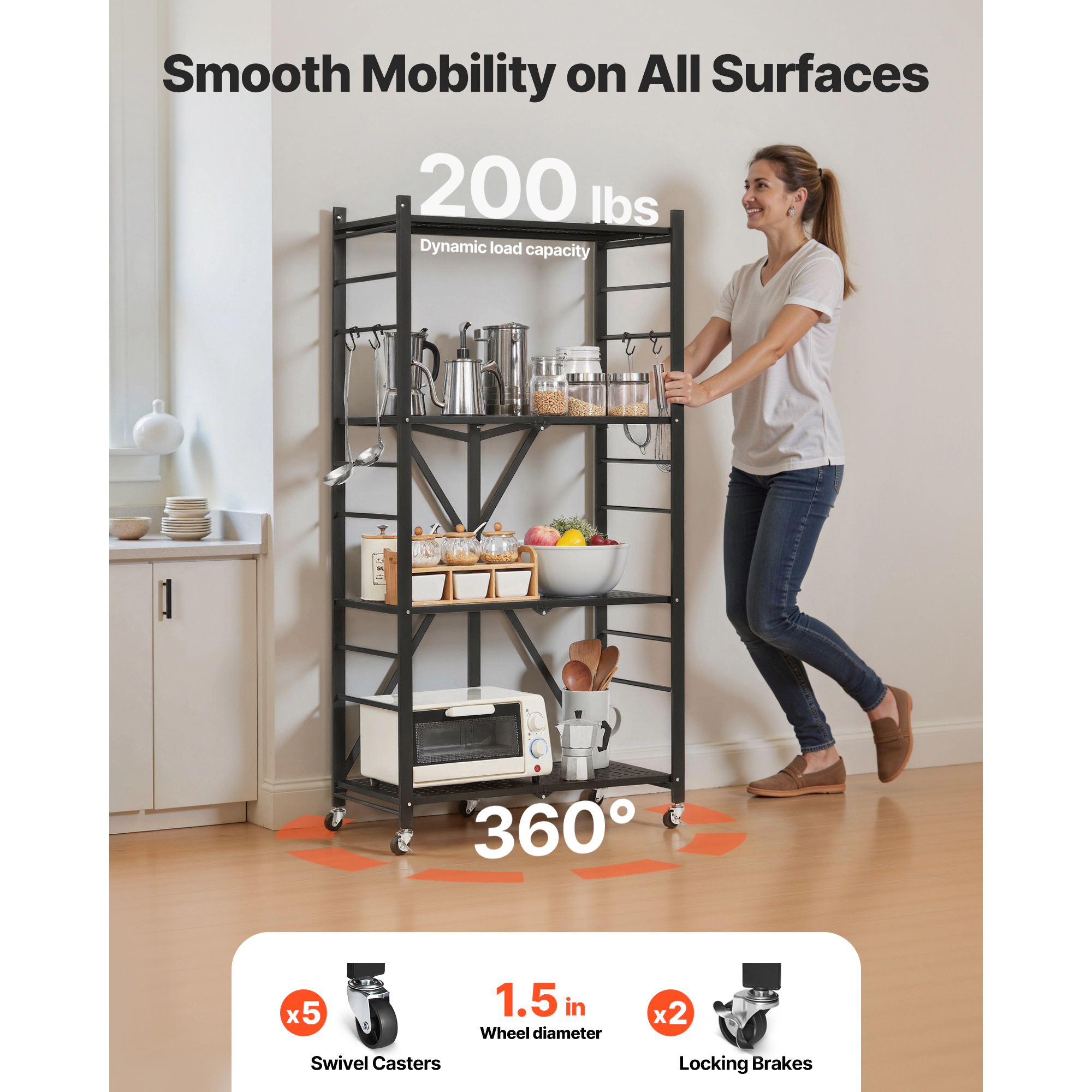 HONGGE Foldable Storage Shelf Folding Metal Rack Shelving Unit No Assembly Organizer Shelf with 5 Wheels & 4 Hooks for