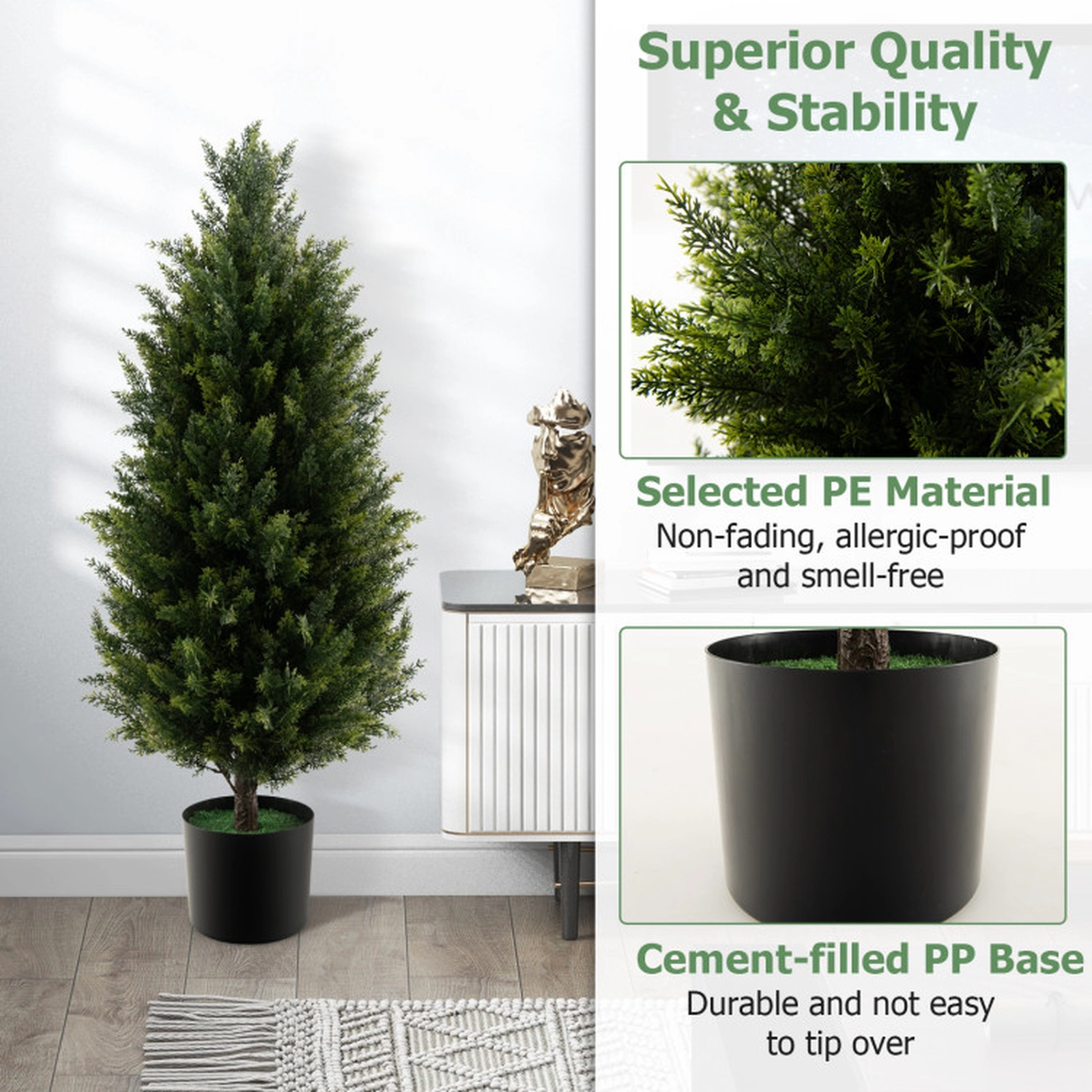 SUGIFT Dense Foliage Artificial Cedar Topiary Tree with Cement Plastic Pot 37-in Tall Green and Black with Faux Moss