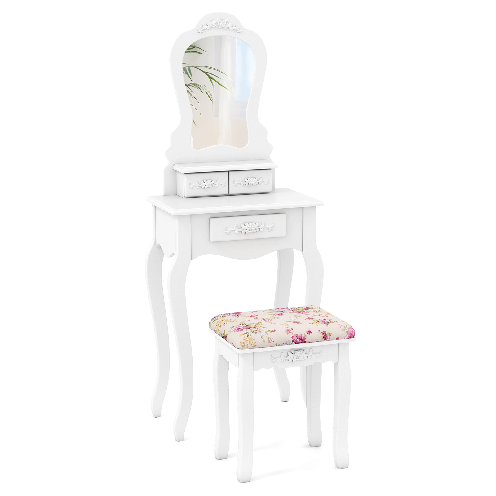 SUGIFT Narrow Makeup Vanity Table with Fan-Shaped Mirror, 3 Drawers and Cushioned Stool