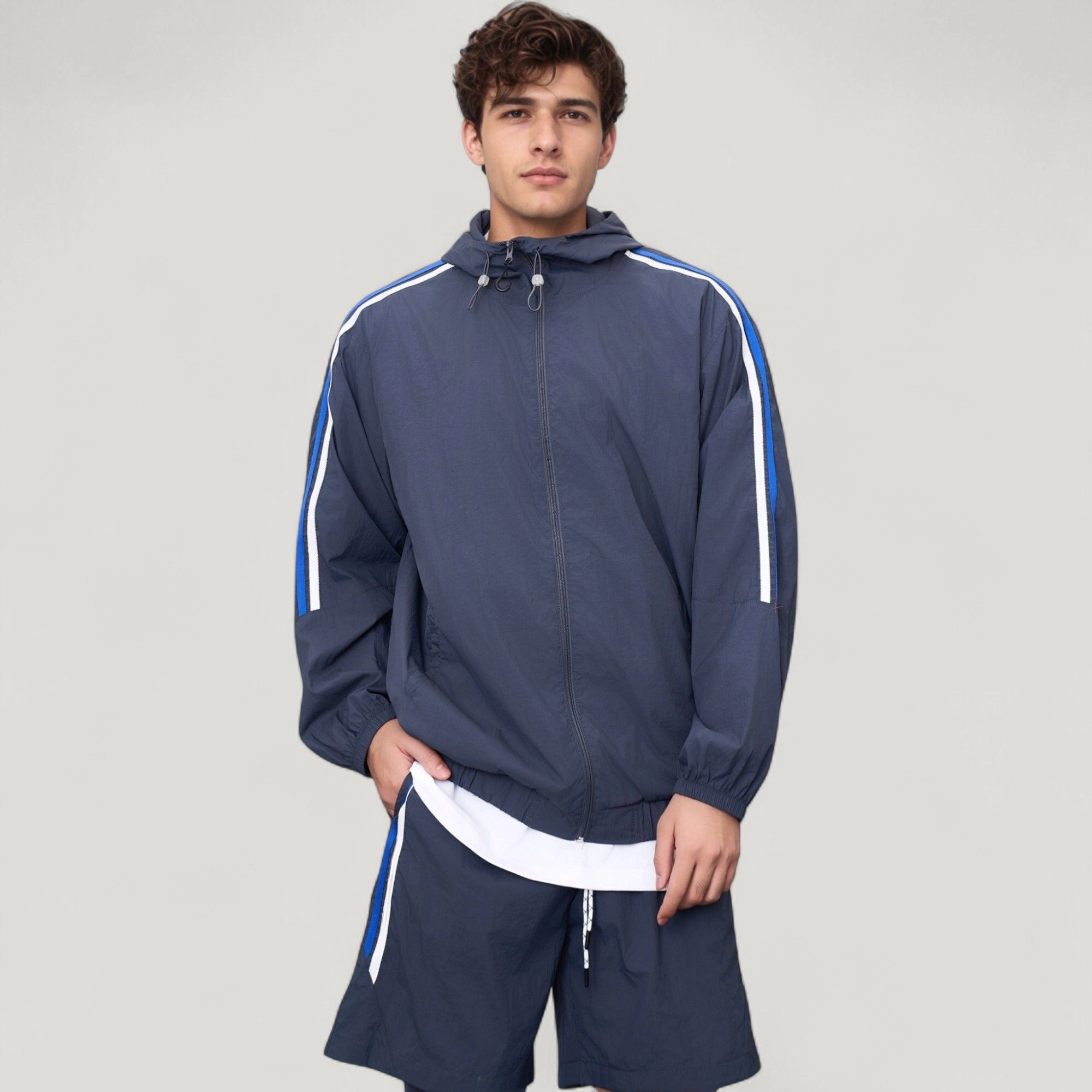 Anna-Kaci Men's Full Zip Hooded Jacket with Elastic Hem and Contrast Sleeve Stripes