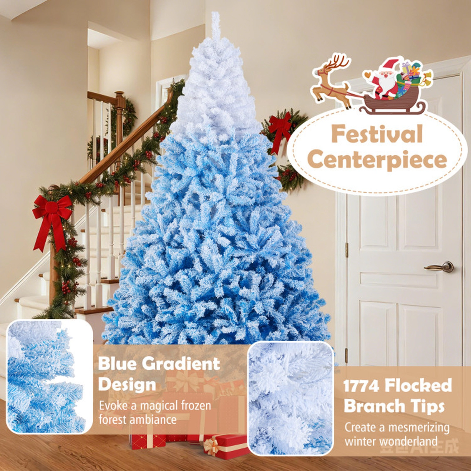 SUGIFT Pre-Lit Artificial Christmas Tree with Warm White LED Lights and 8 Lighting Modes 8 Feet White to Blue