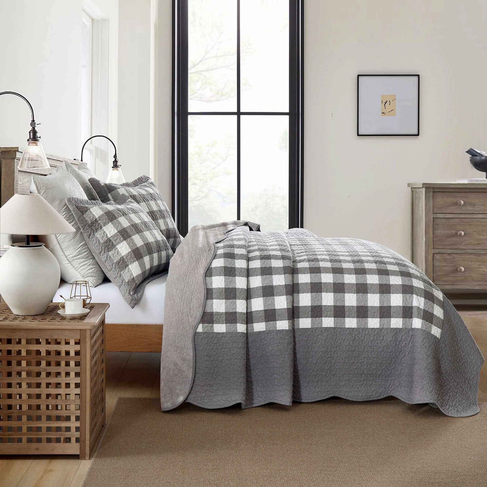 MarCielo 3 Pieces Gray and White Checkered Quilt Bedspread Set,Lightweight Bed Cover