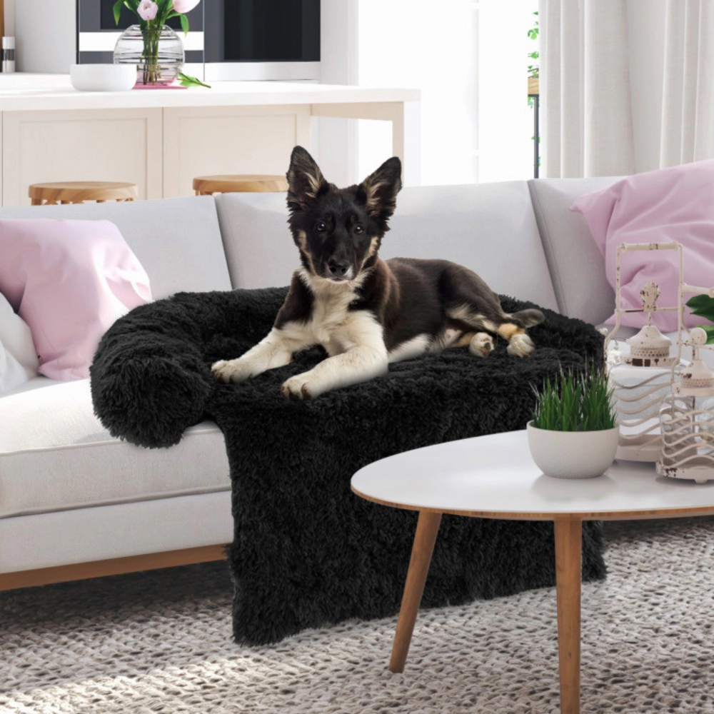SUGIFT Plush Calming Dog Couch Bed with Removable Bolster Pet Bed 66-lb Capacity 44 x 40 x 7 in Black