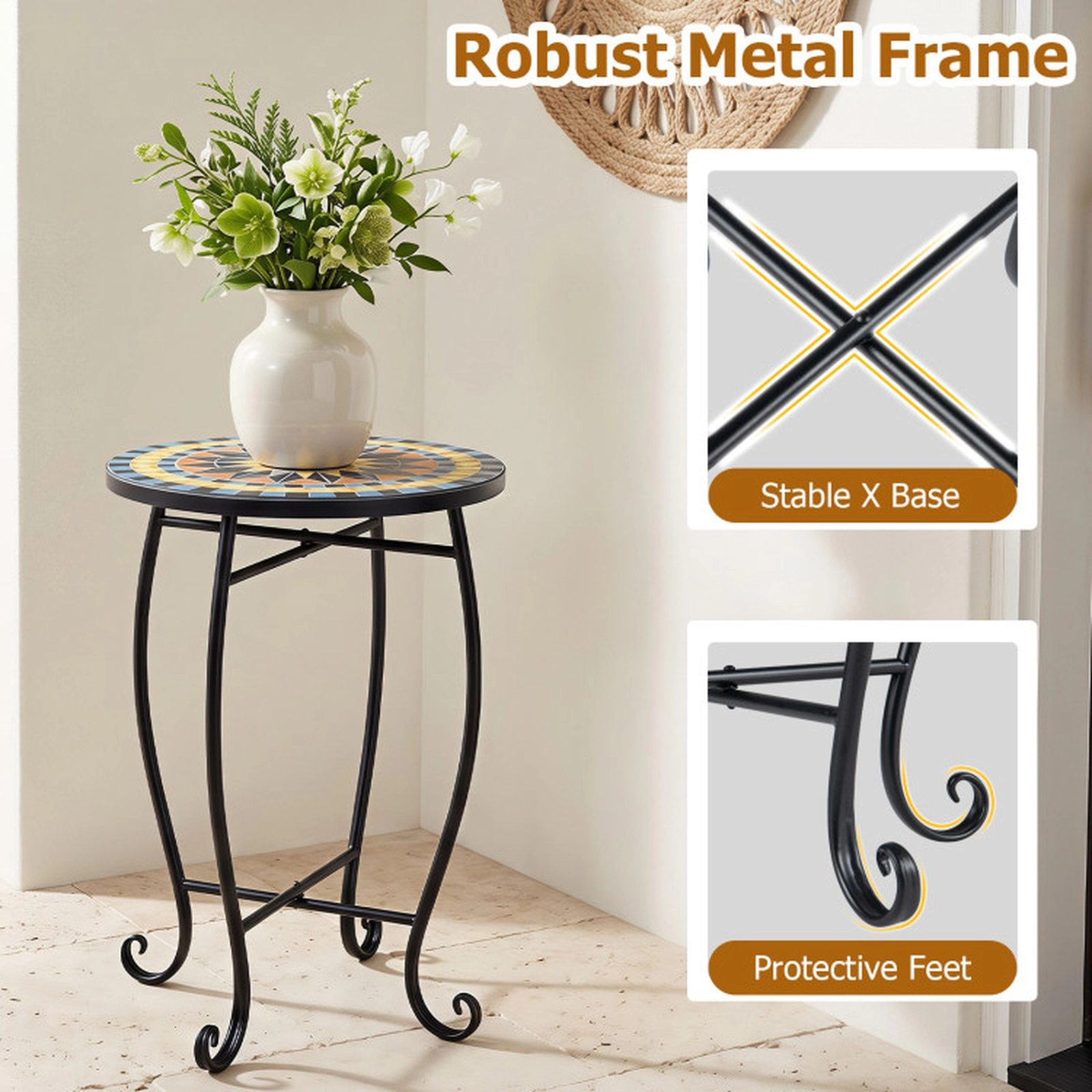 SUGIFT 14-in Floral Mosaic Metal Accent Coffee End Table 35-lb Capacity 14 x 20 in Outdoor Side Table or Plant Stand
