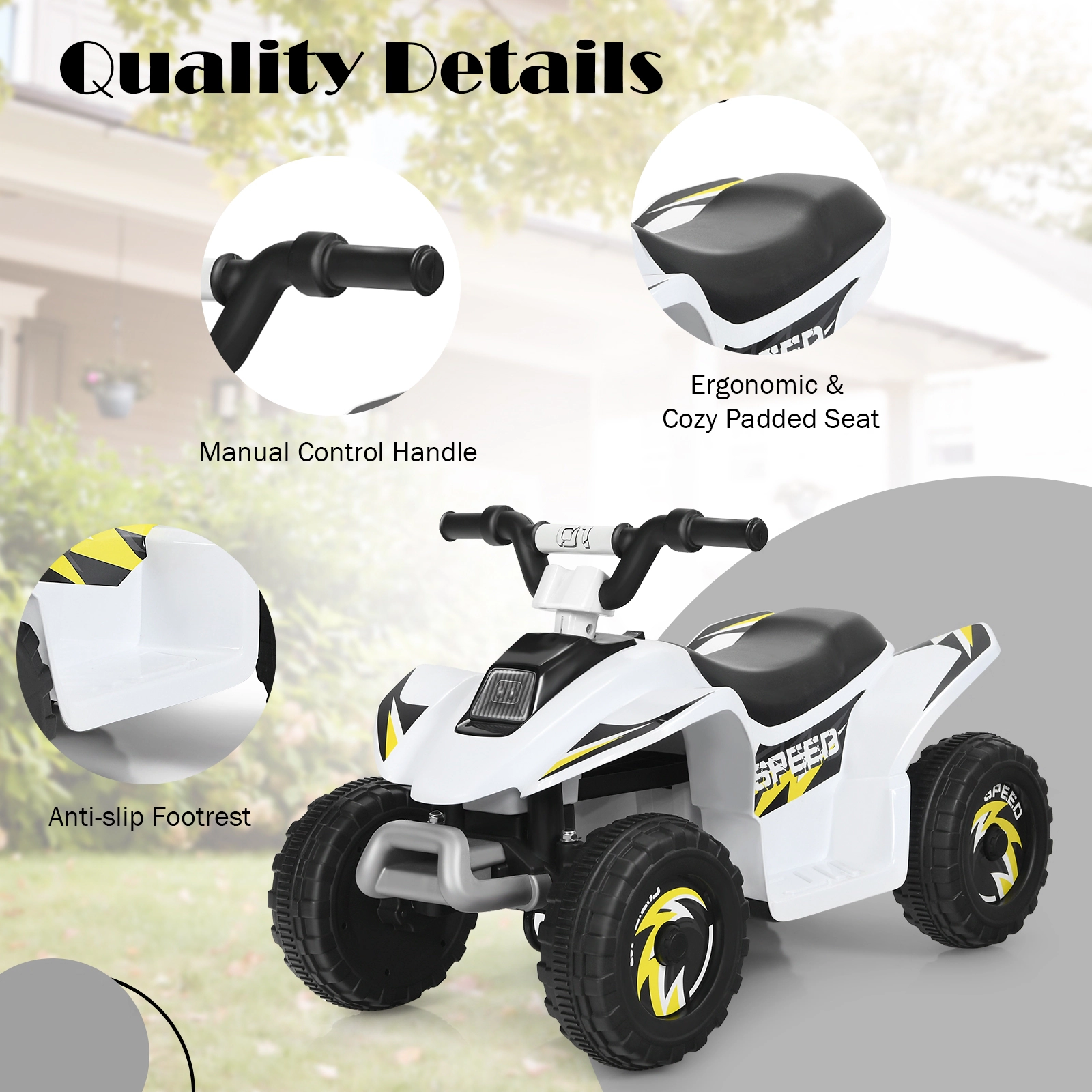 SUGIFT 6V 4-Wheel Electric Ride-On ATV Quad 66-lb Capacity Ages 3+ 28.5-in Long Rechargeable Battery White
