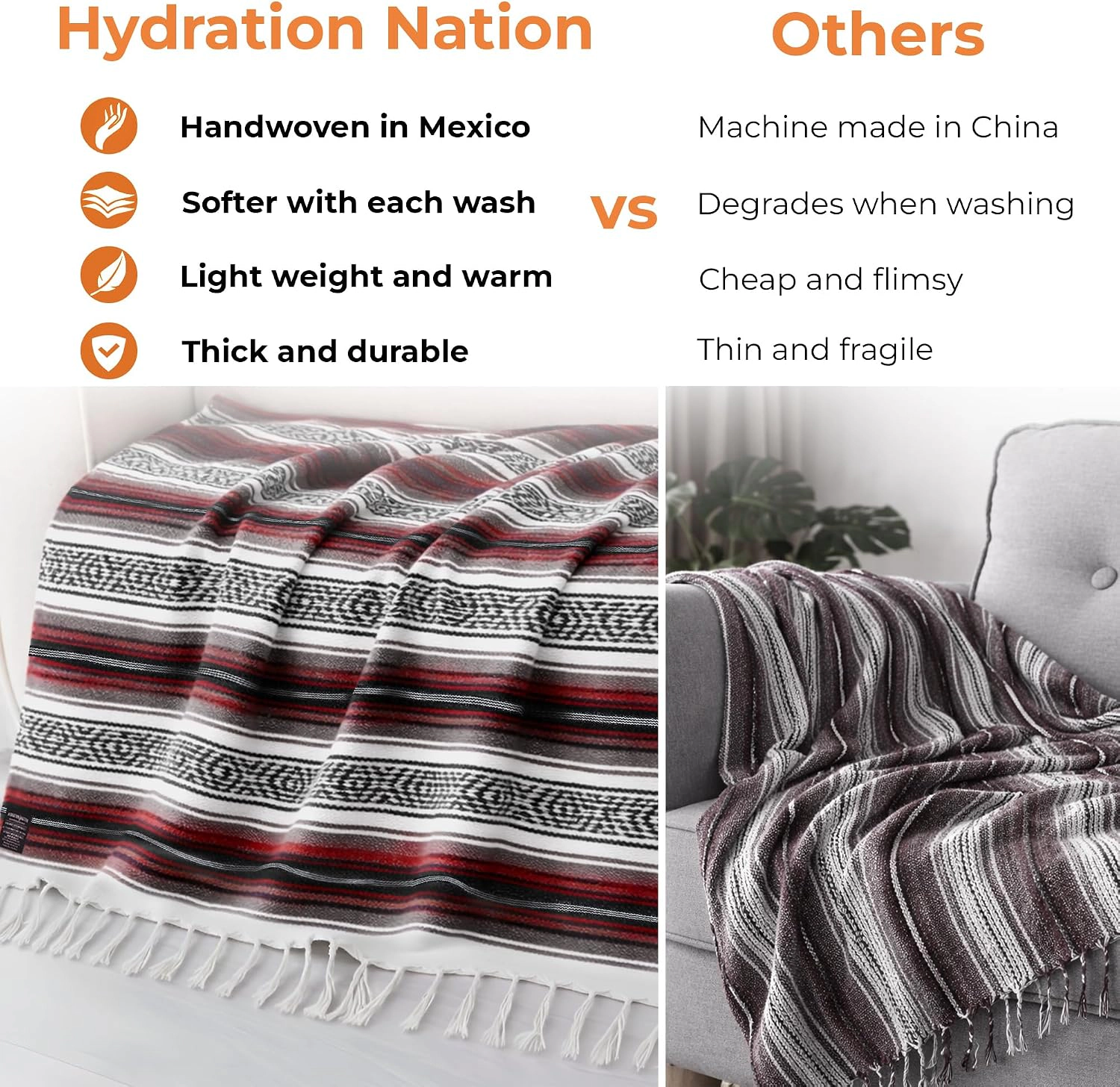 Zulay Kitchen Extra Large Mexican Blanket 120x180 Authentic Woven Throw