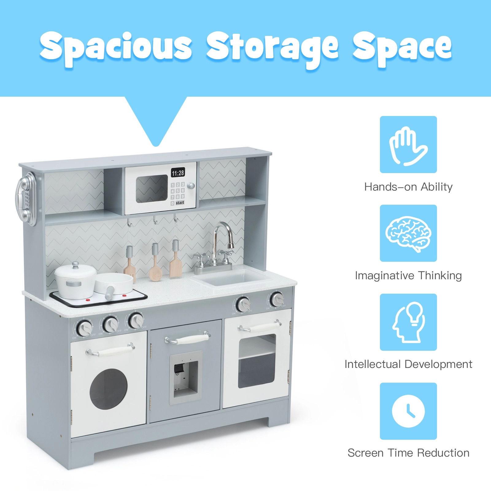 SUGIFT Realistic Pretend Play Kitchen Toy Set with Light and Sound For Kids Over 3 Years White and Gray